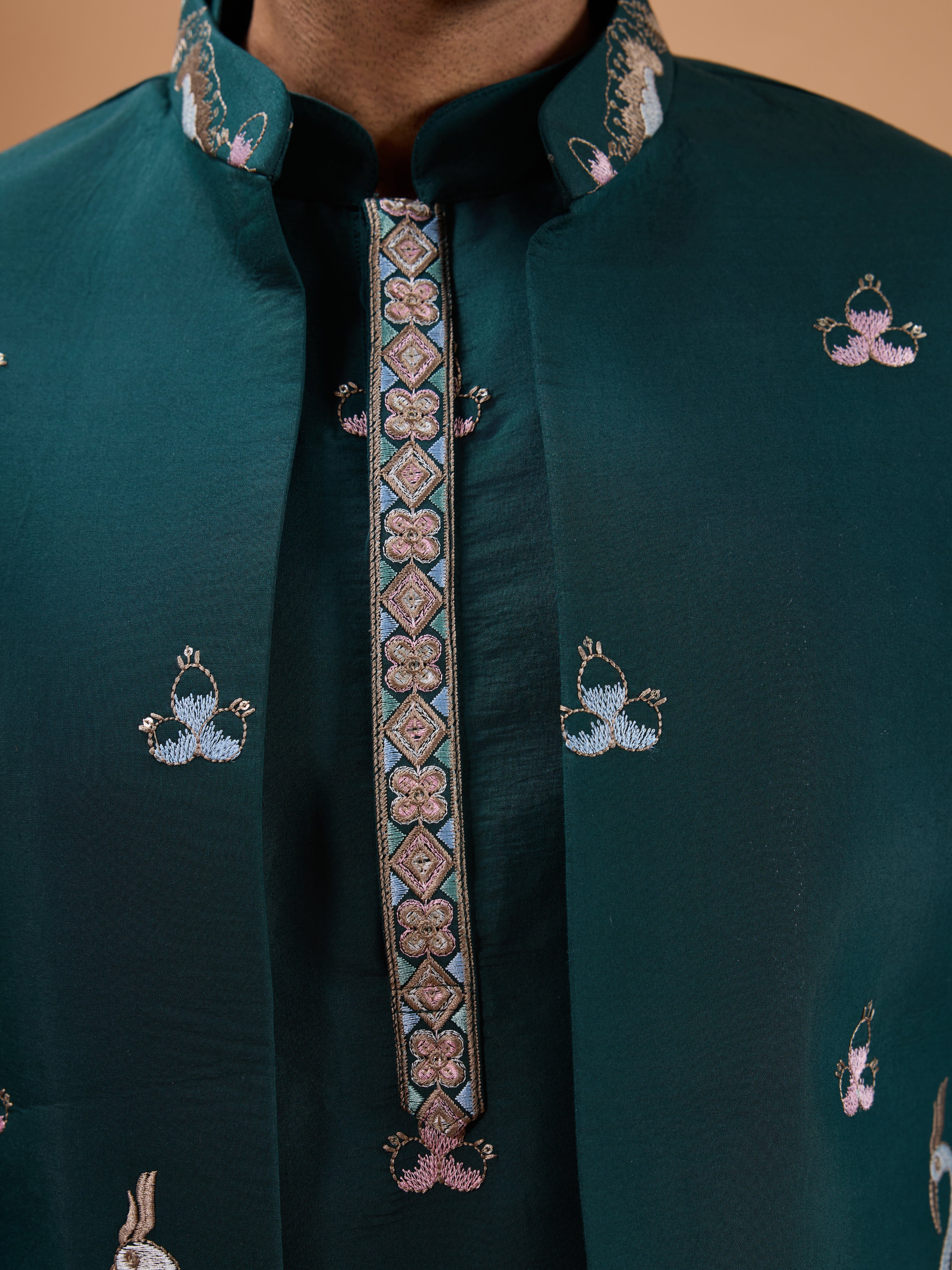 Green Color Embroidered and Sequence Mens Kurta Jacket and Pant Set - Image 6