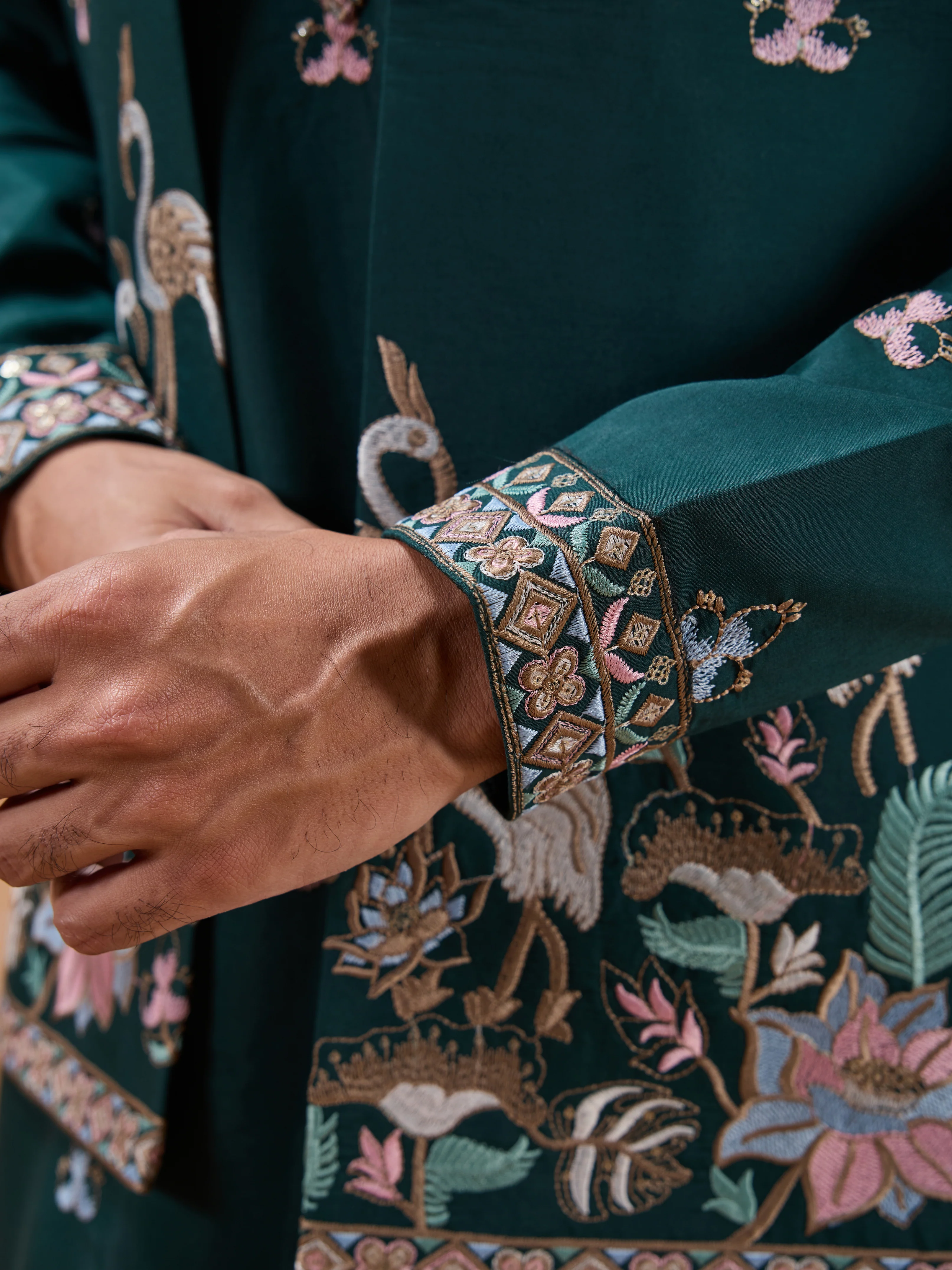 Green Color Embroidered and Sequence Mens Kurta Jacket and Pant Set - Image 7