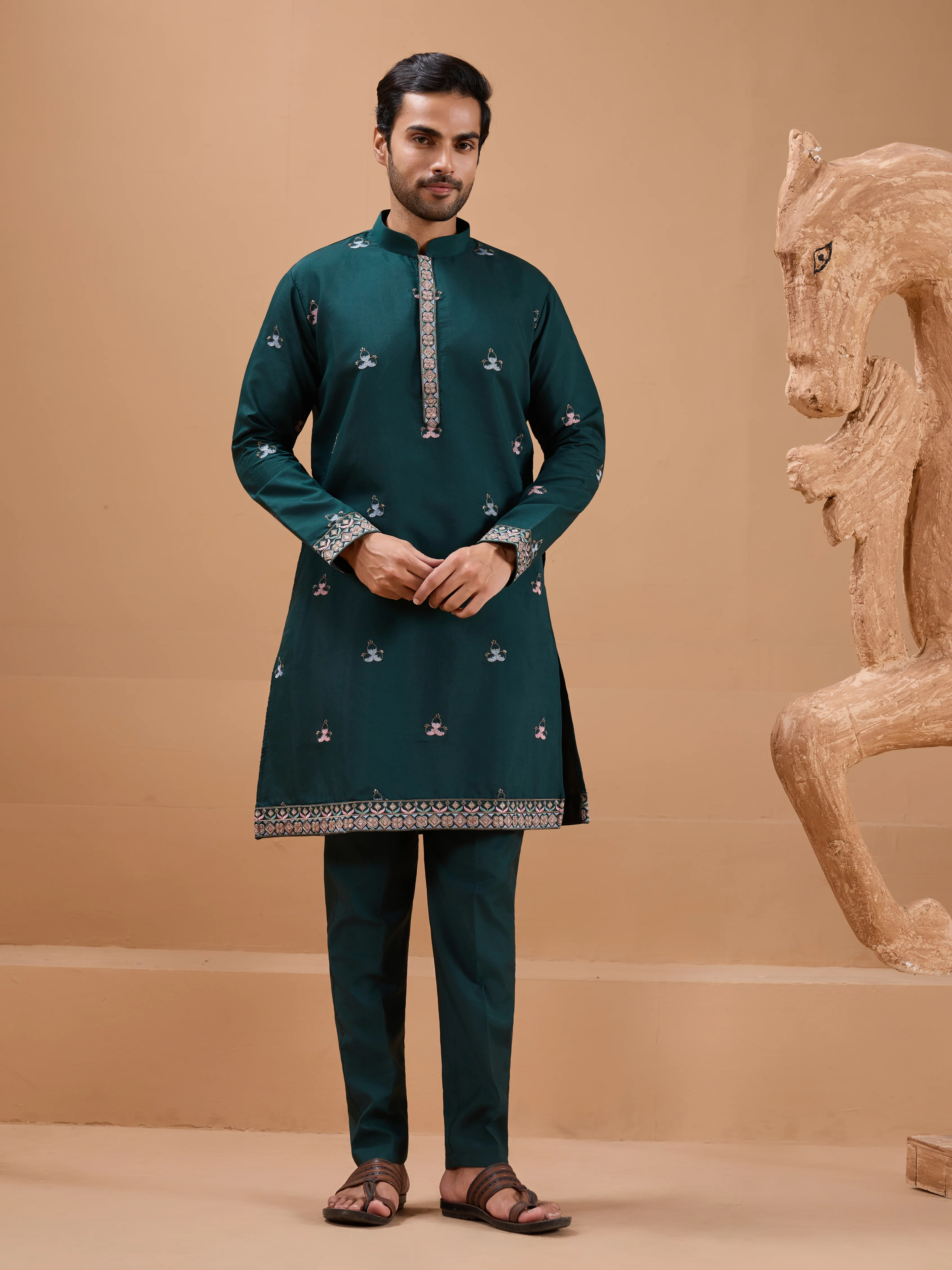 Green Color Embroidered and Sequence Mens Kurta Jacket and Pant Set - Image 8