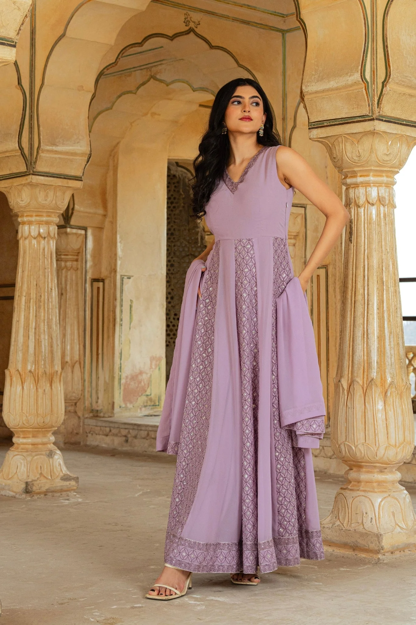 Ethereal Lilac Georgette Anarkali With Intricate Geometric Embroidery - Image 2