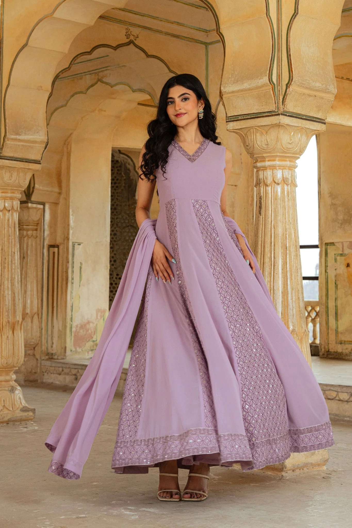 Ethereal Lilac Georgette Anarkali With Intricate Geometric Embroidery - Image 3