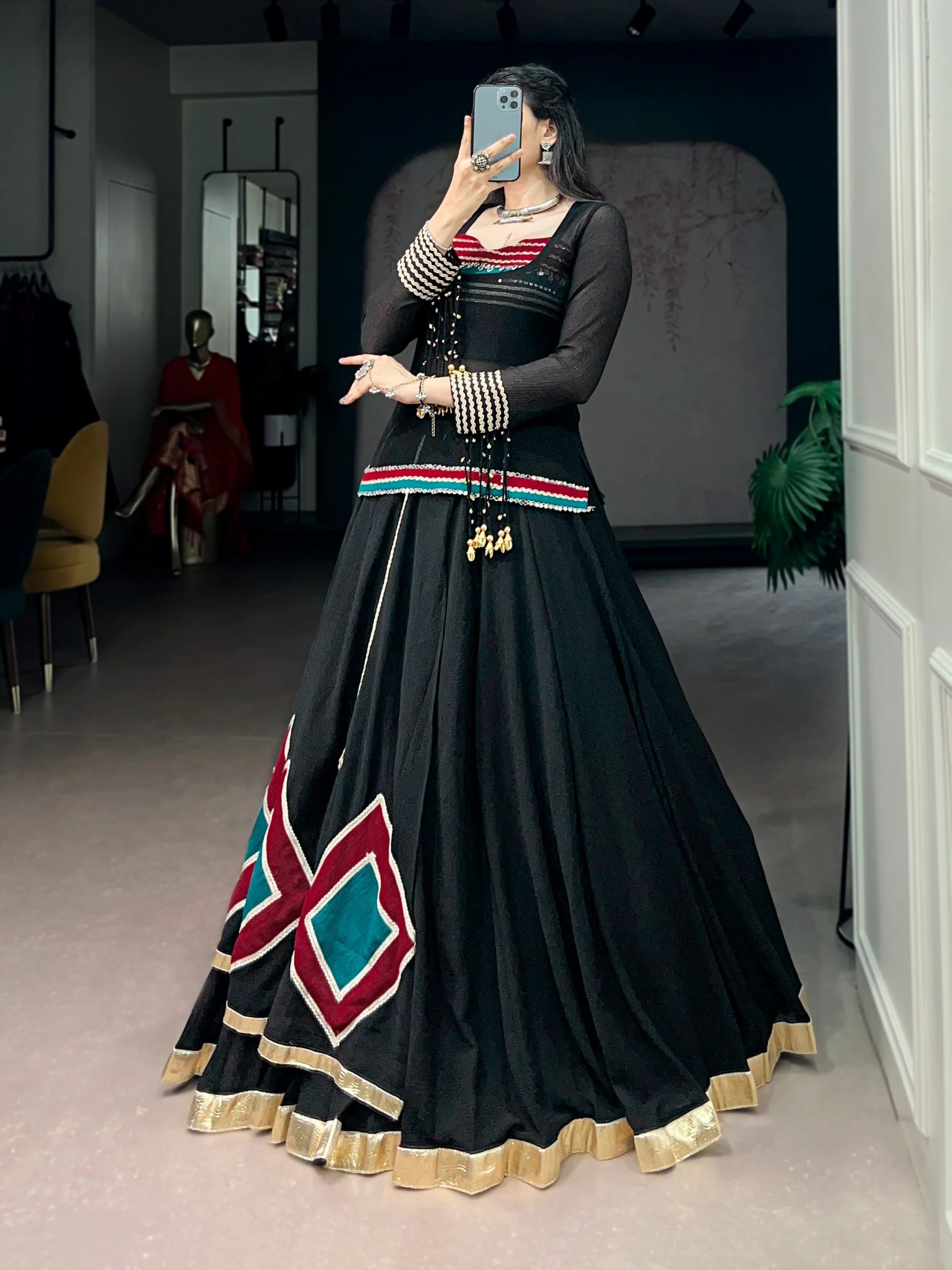 Ethnic Black Marble Base Navratri Lehenga Set with Tunic & Blouse - Image 2