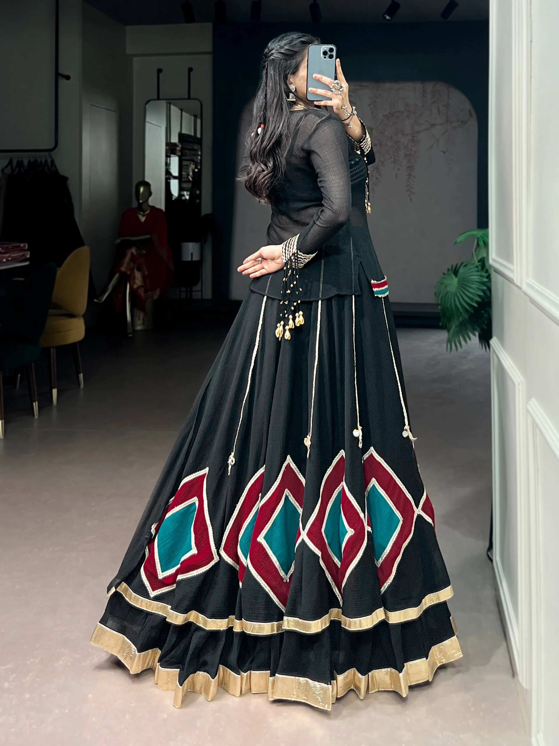 Ethnic Black Marble Base Navratri Lehenga Set with Tunic & Blouse - Image 6