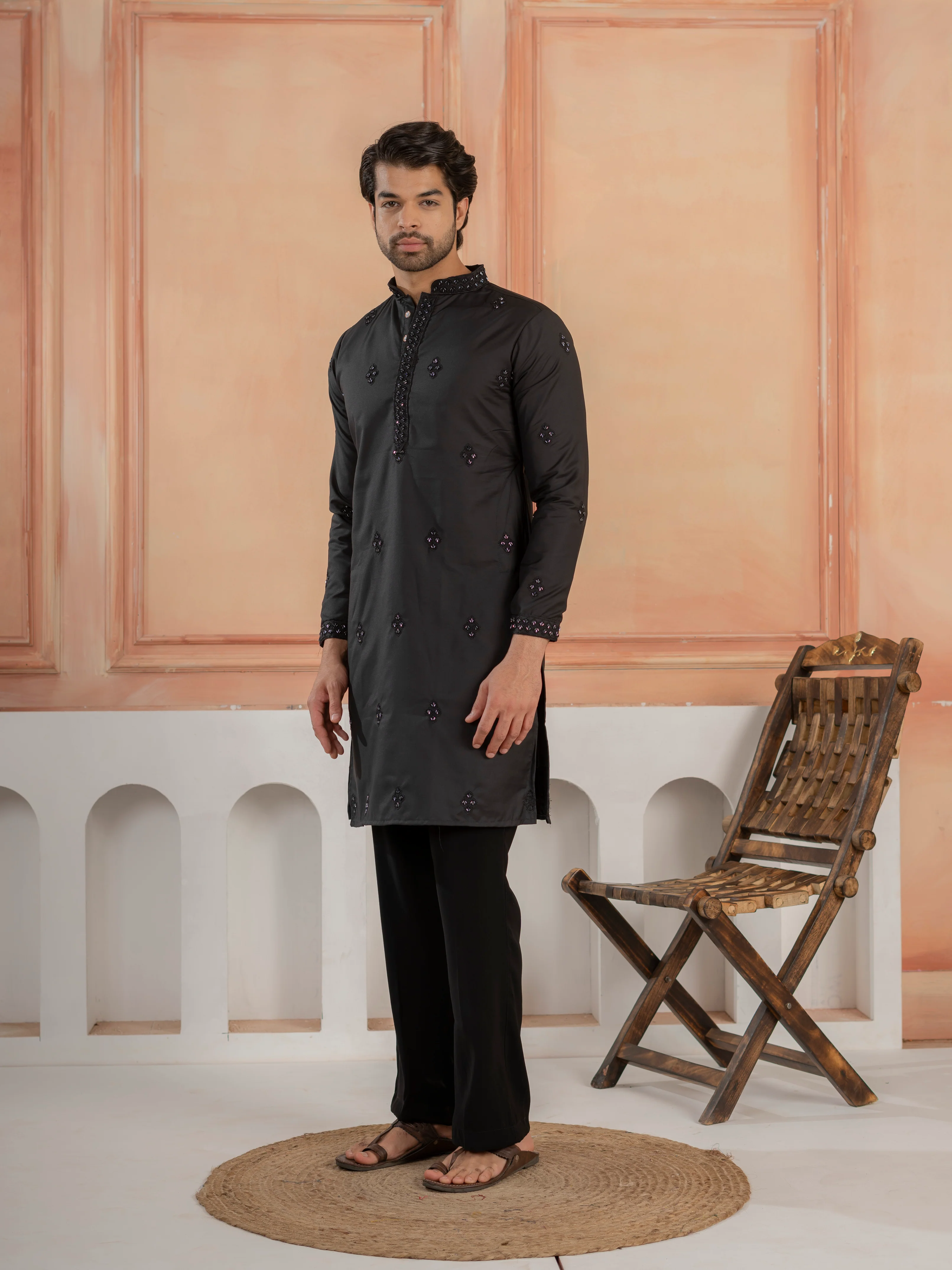 Ethnic Black Soft Cotton Val-Moti Butta Work Mens Kurta Set - Image 6