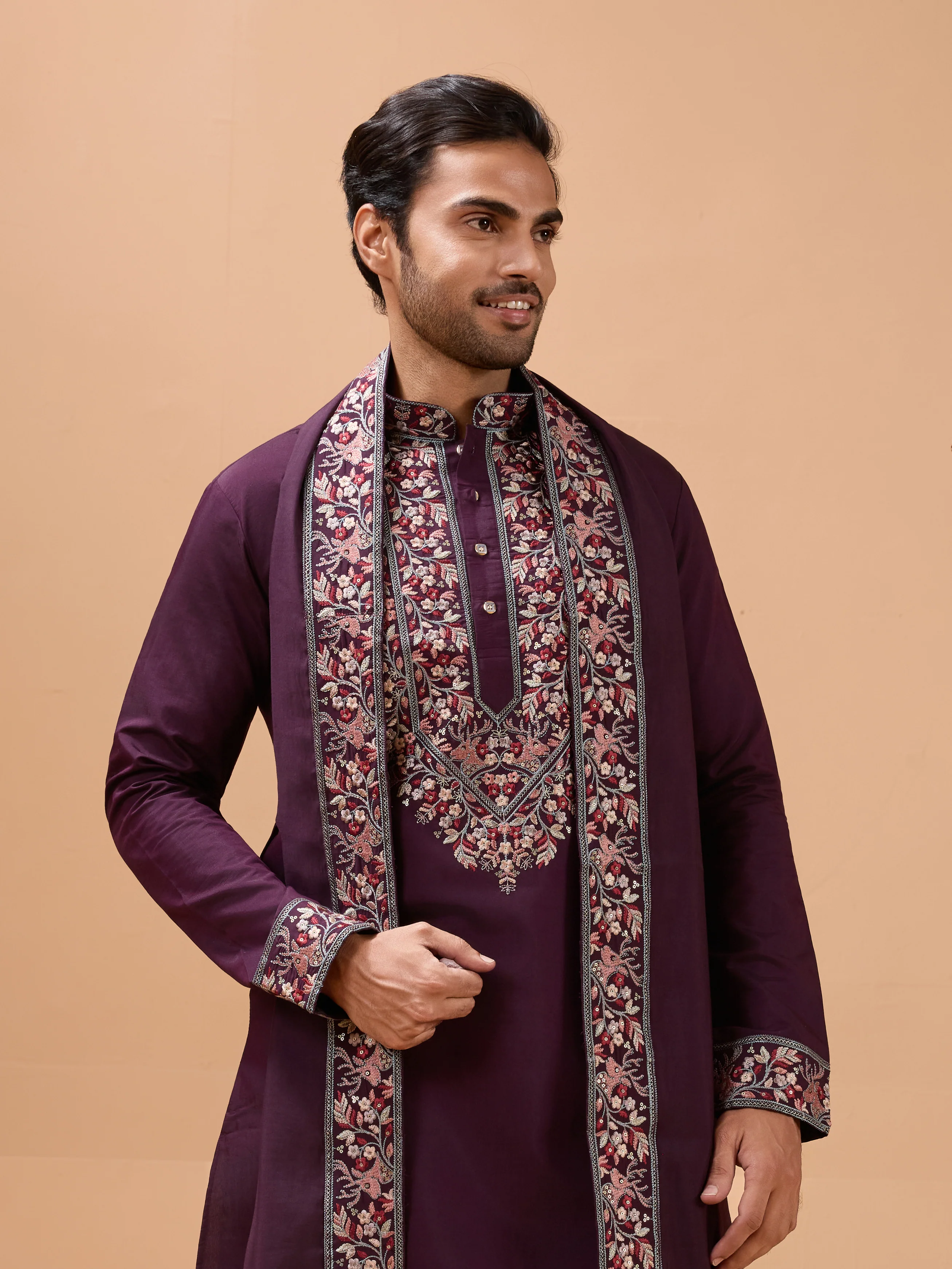 Ethnic Look Purple Kurta with Dupatta Mens Wear Special - Image 3