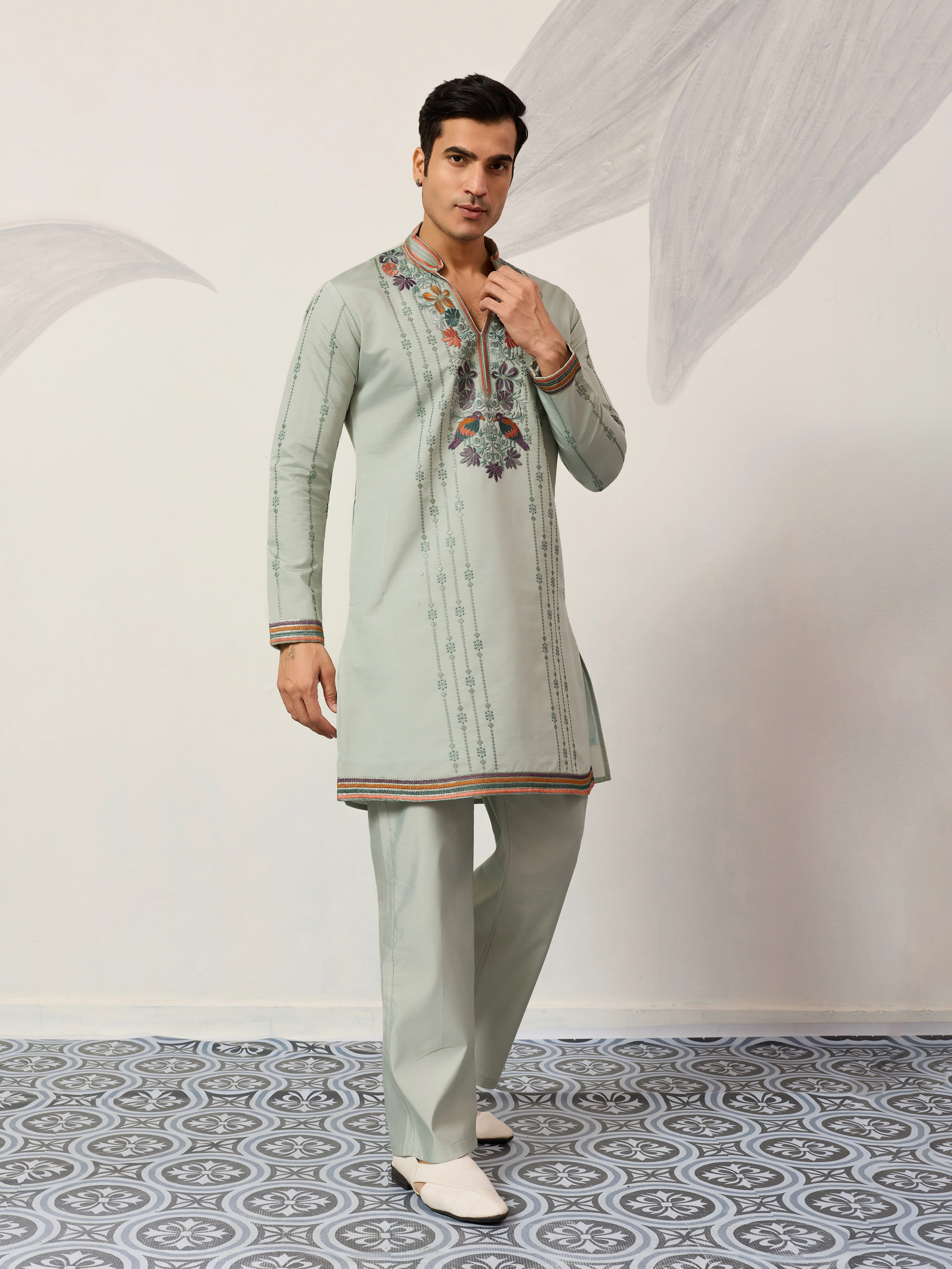 Ethnic Pista V Neck Kurta Pant Set for Mens Wear - Image 4