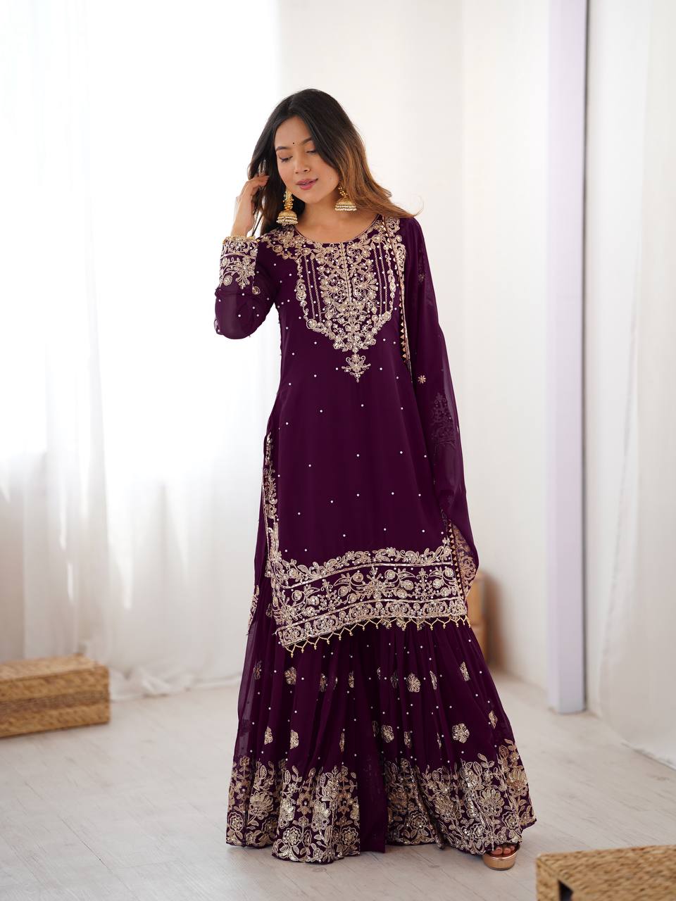 Ethnic Style Wine Faux Georgette Embroidered Sharara Set for Women - Image 2