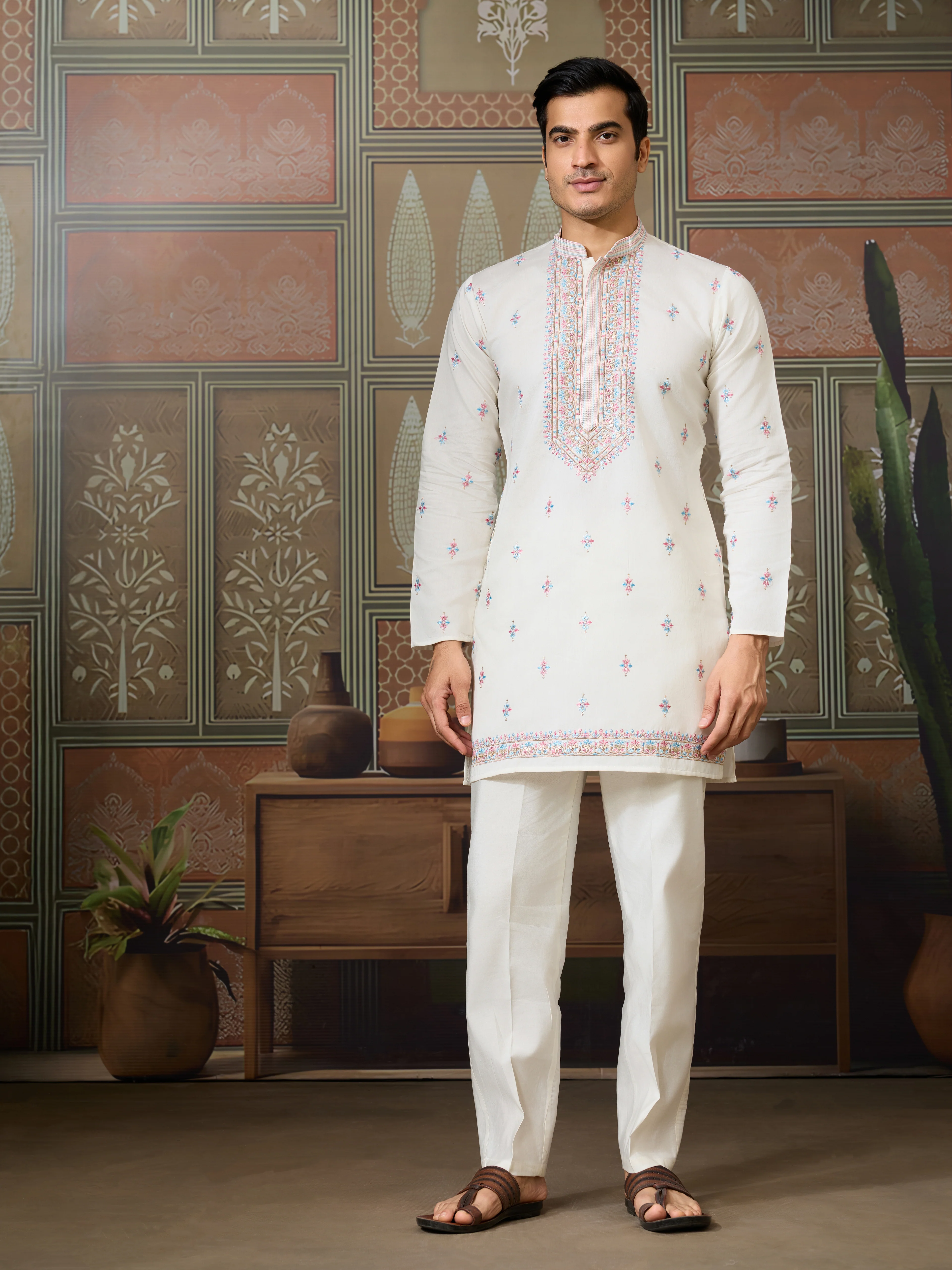 Ethnic White Embroidered Koti Kurta Set for Men - Image 6