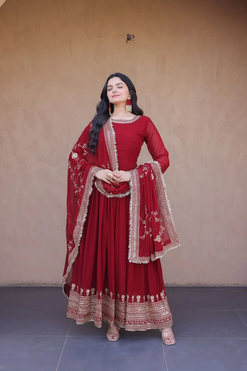 Exclusive Maroon Faux Blooming Festive Gown Set