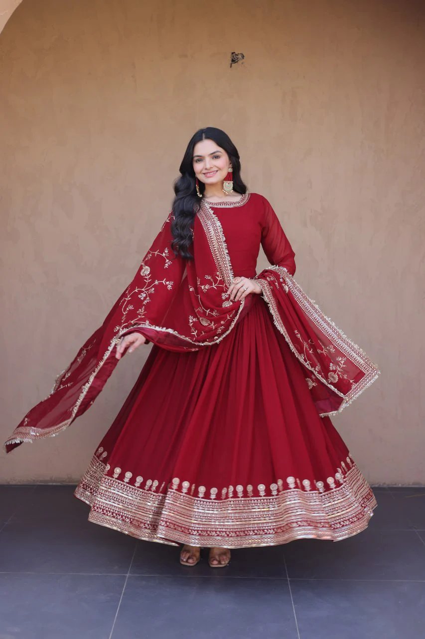 Exclusive Maroon Faux Blooming Festive Gown Set - Image 2