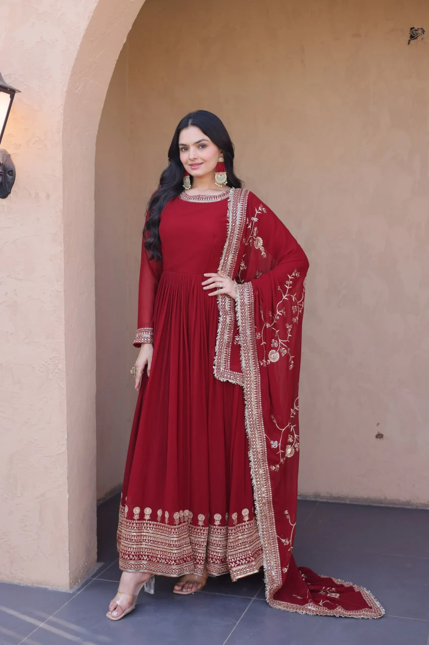 Exclusive Maroon Faux Blooming Festive Gown Set - Image 3