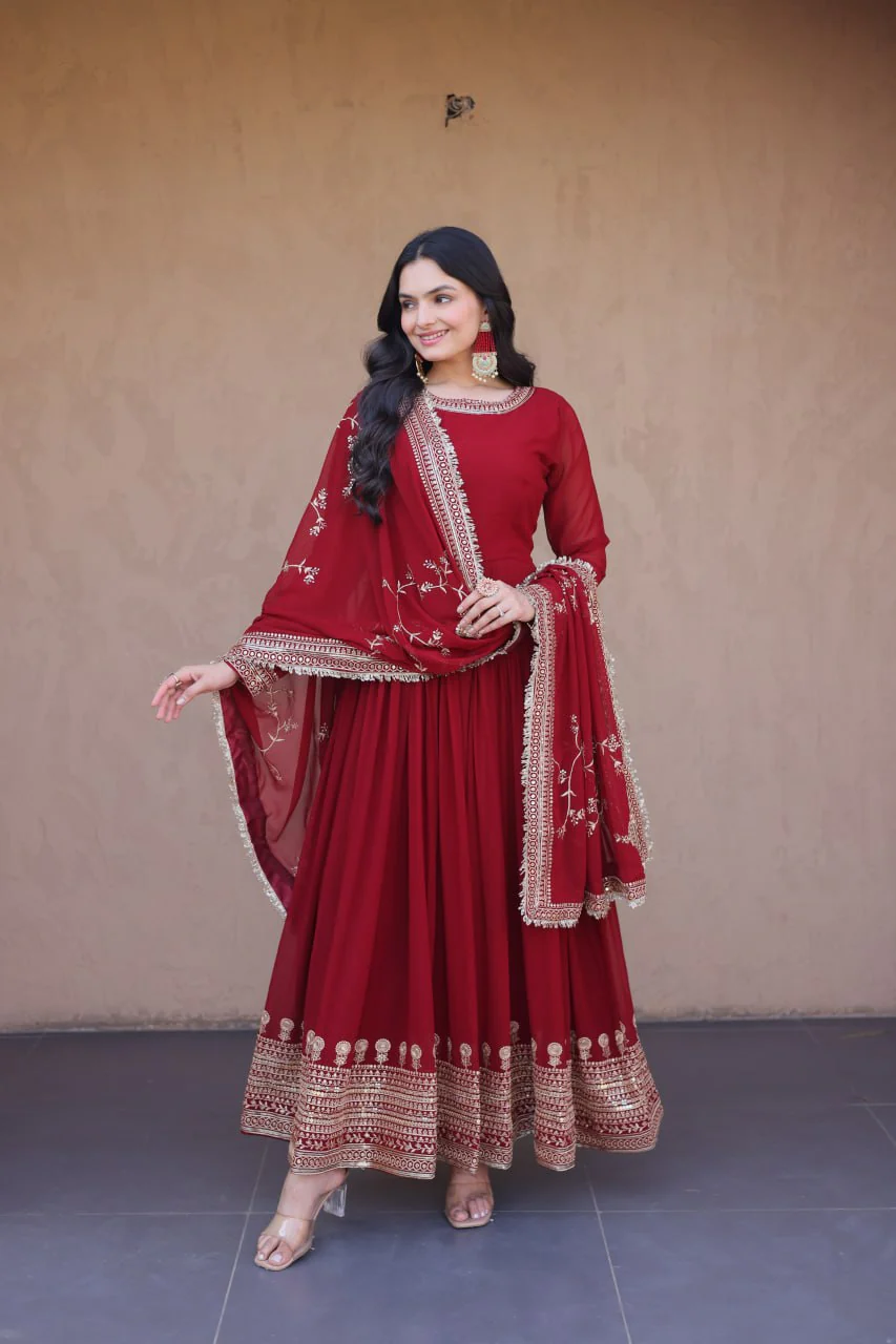 Exclusive Maroon Faux Blooming Festive Gown Set - Image 4