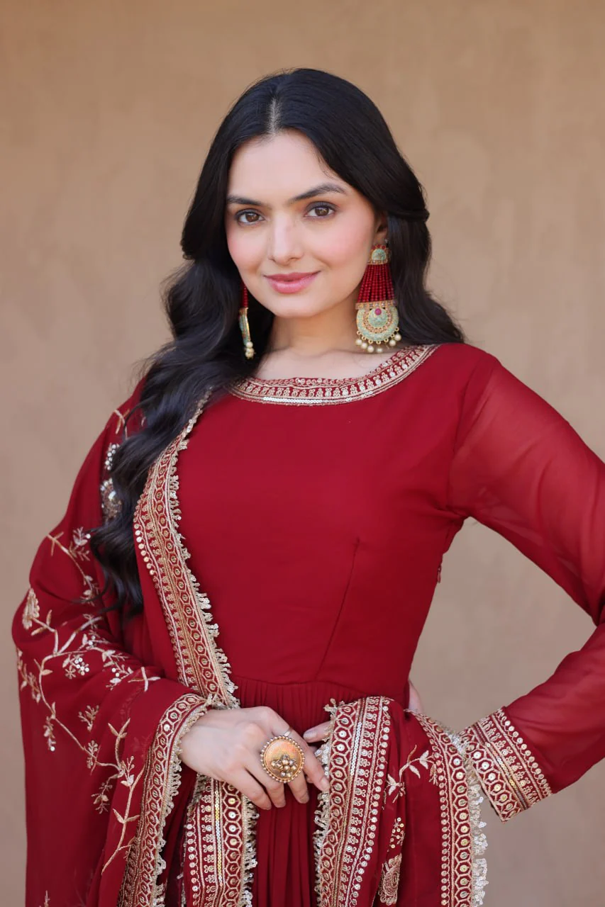 Exclusive Maroon Faux Blooming Festive Gown Set - Image 5