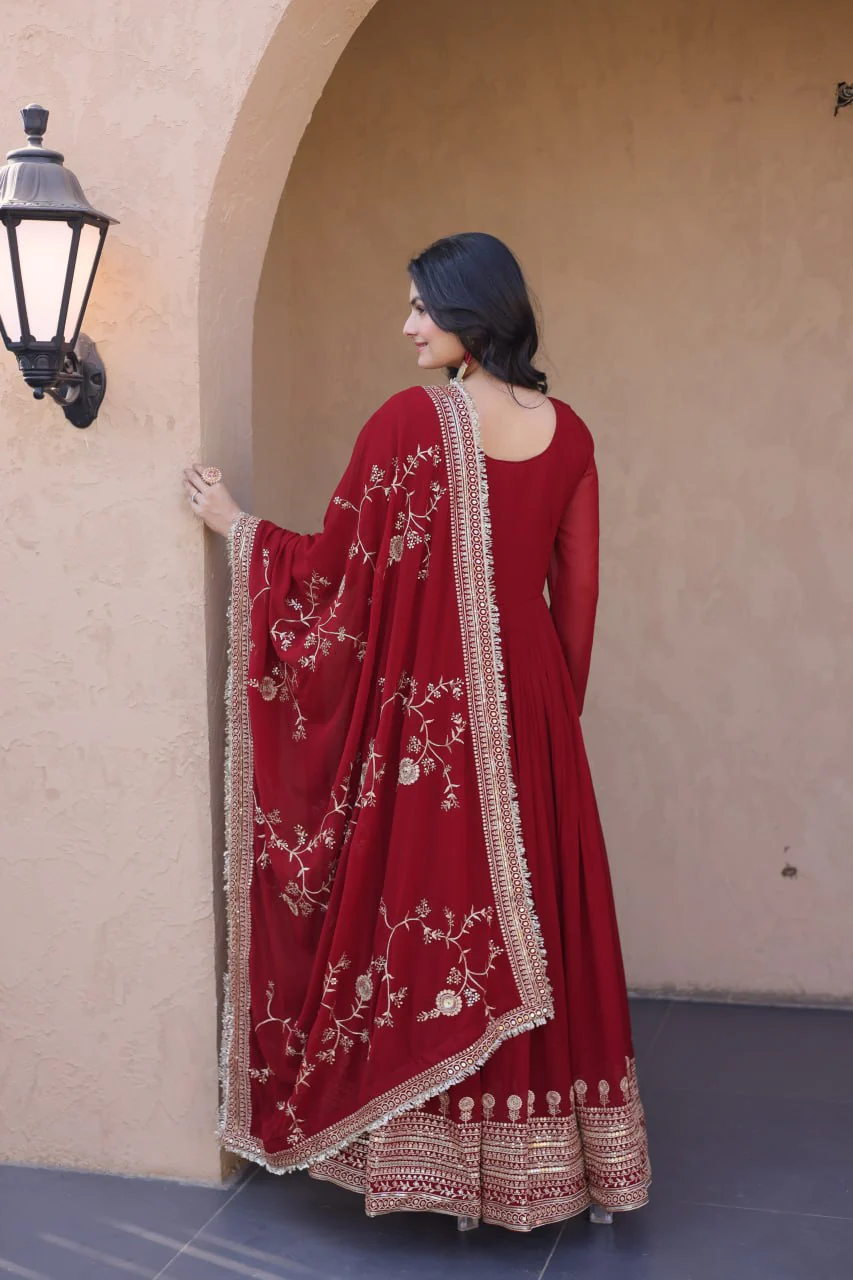 Exclusive Maroon Faux Blooming Festive Gown Set - Image 6