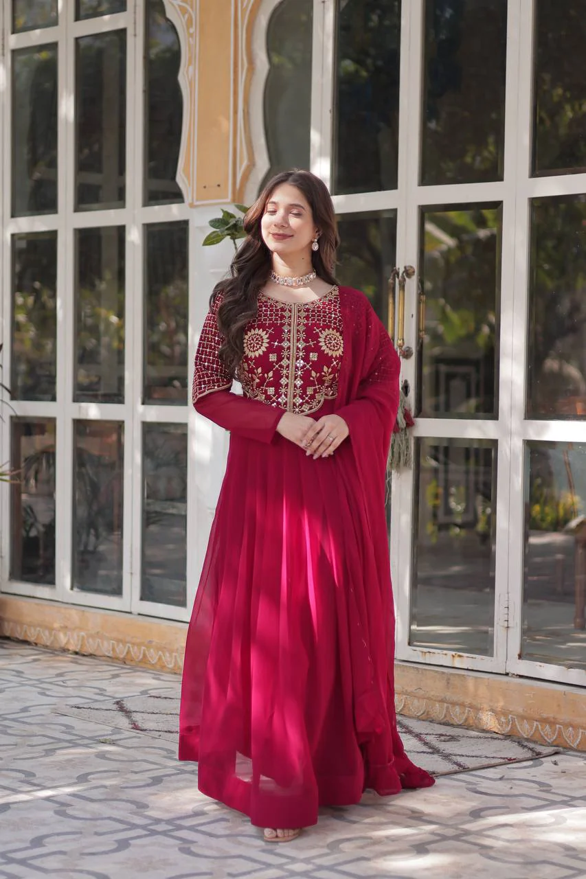 Fancy Faux Blooming Georgette with Attractive Embroidery Zari Sequins work Gown Set