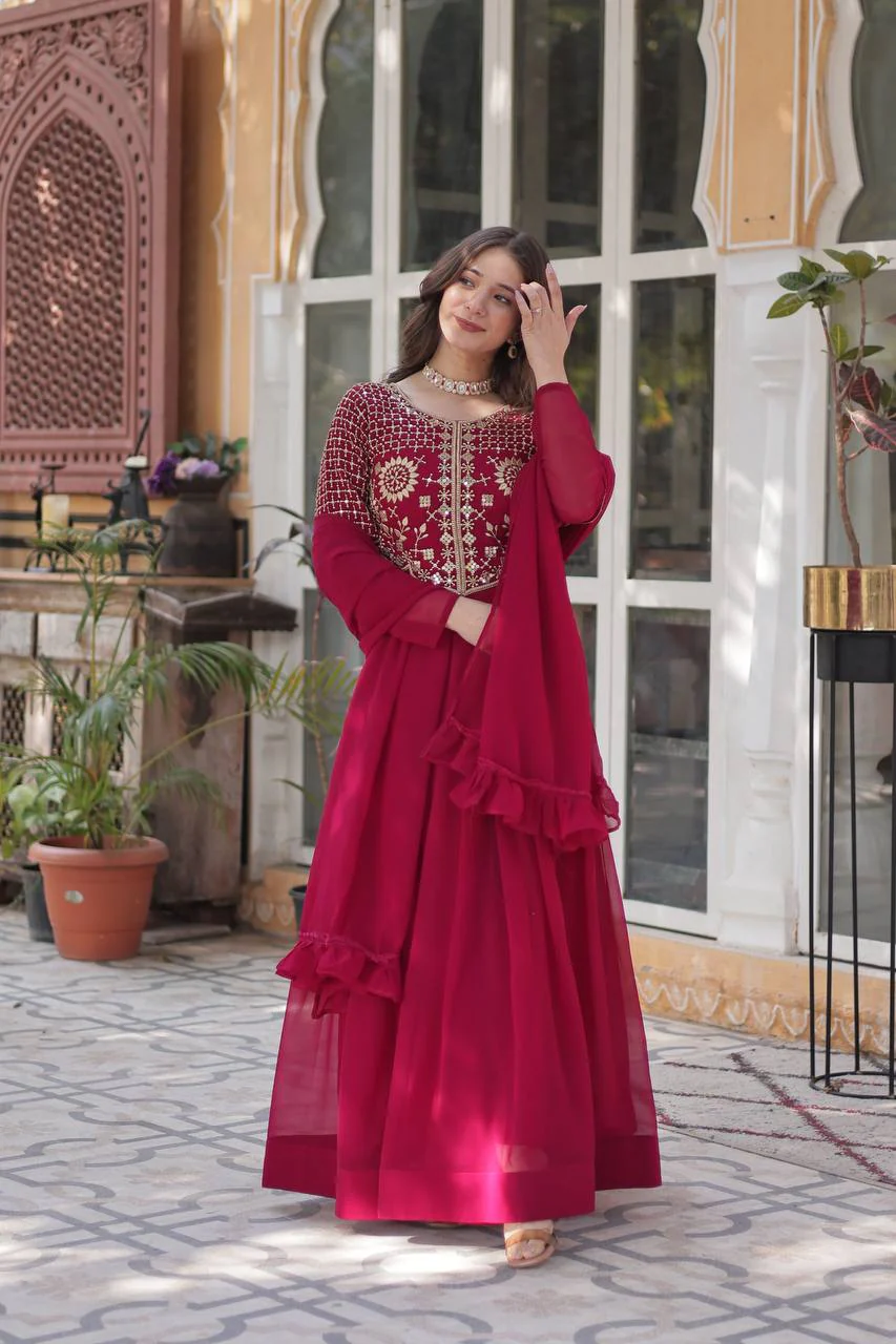 Fancy Faux Blooming Georgette with Attractive Embroidery Zari Sequins work Gown Set - Image 2