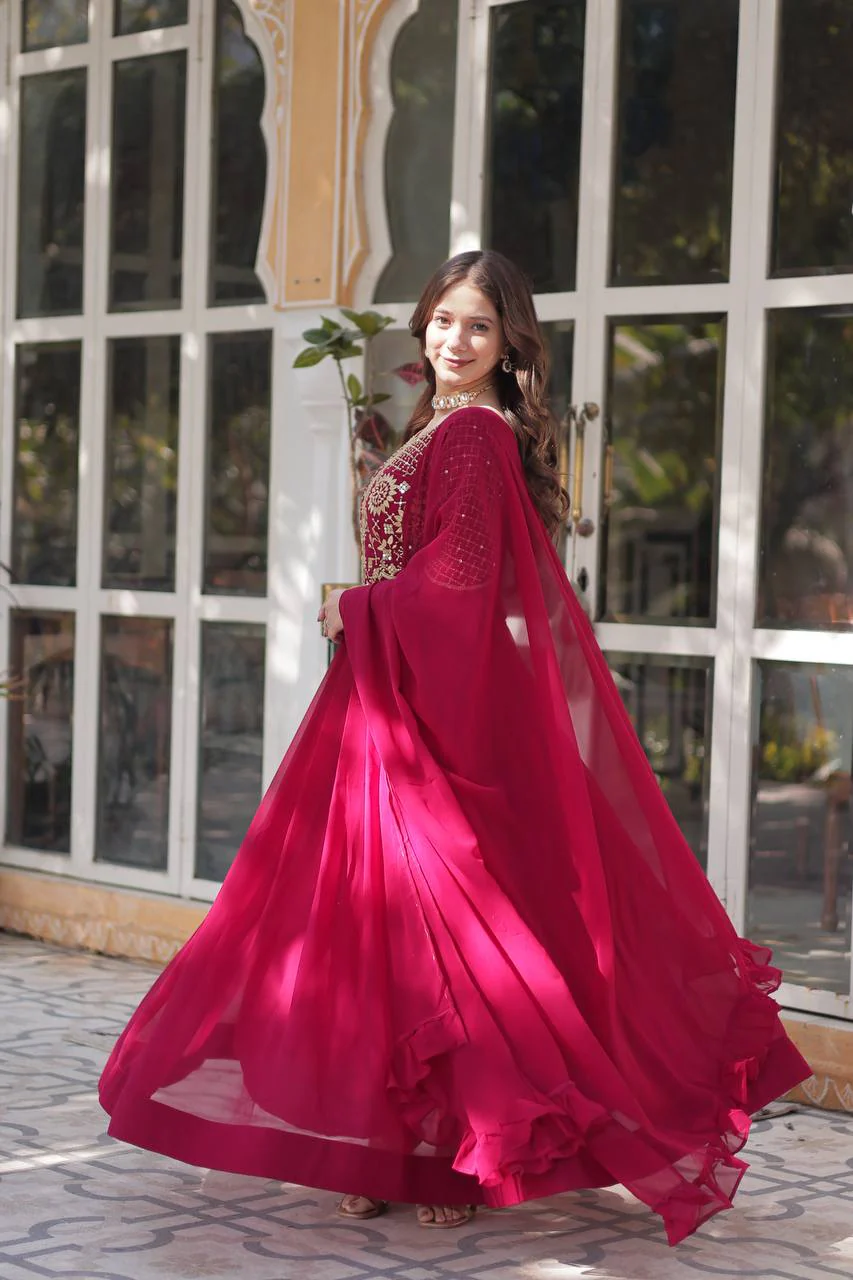 Fancy Faux Blooming Georgette with Attractive Embroidery Zari Sequins work Gown Set - Image 3