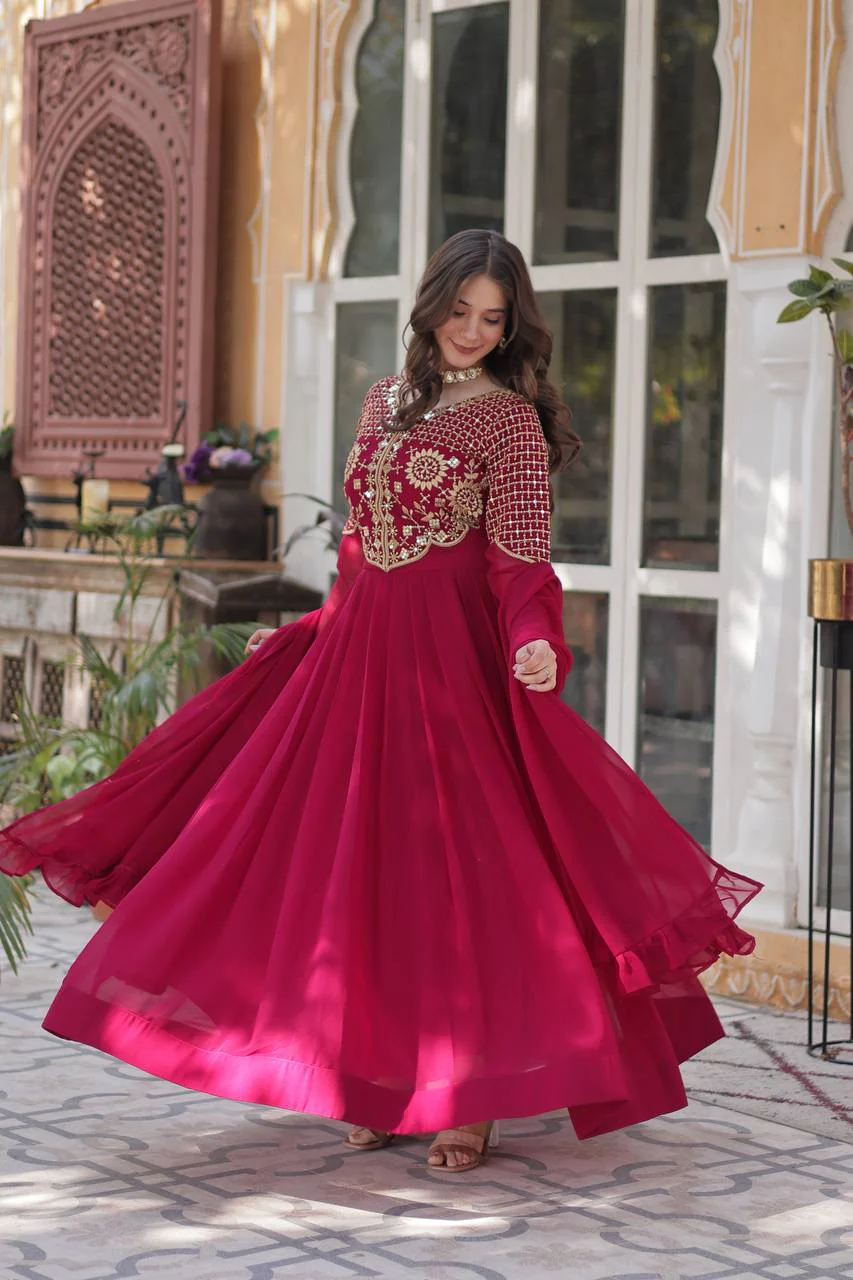 Fancy Faux Blooming Georgette with Attractive Embroidery Zari Sequins work Gown Set - Image 4