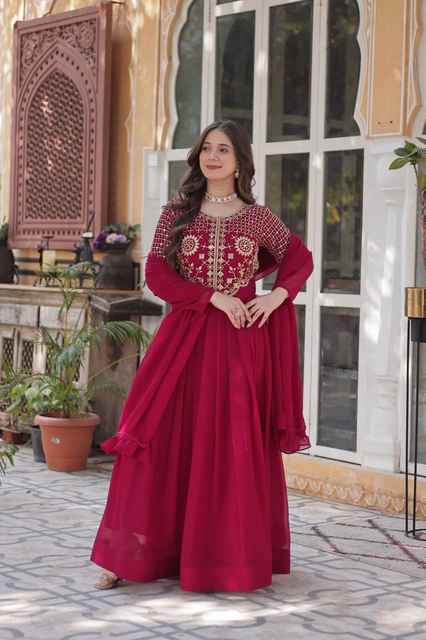 Fancy Faux Blooming Georgette with Attractive Embroidery Zari Sequins work Gown Set - Image 5