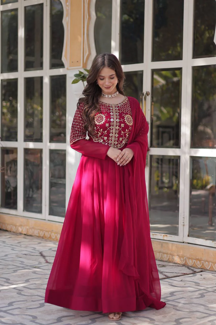 Fancy Faux Blooming Georgette with Attractive Embroidery Zari Sequins work Gown Set - Image 6