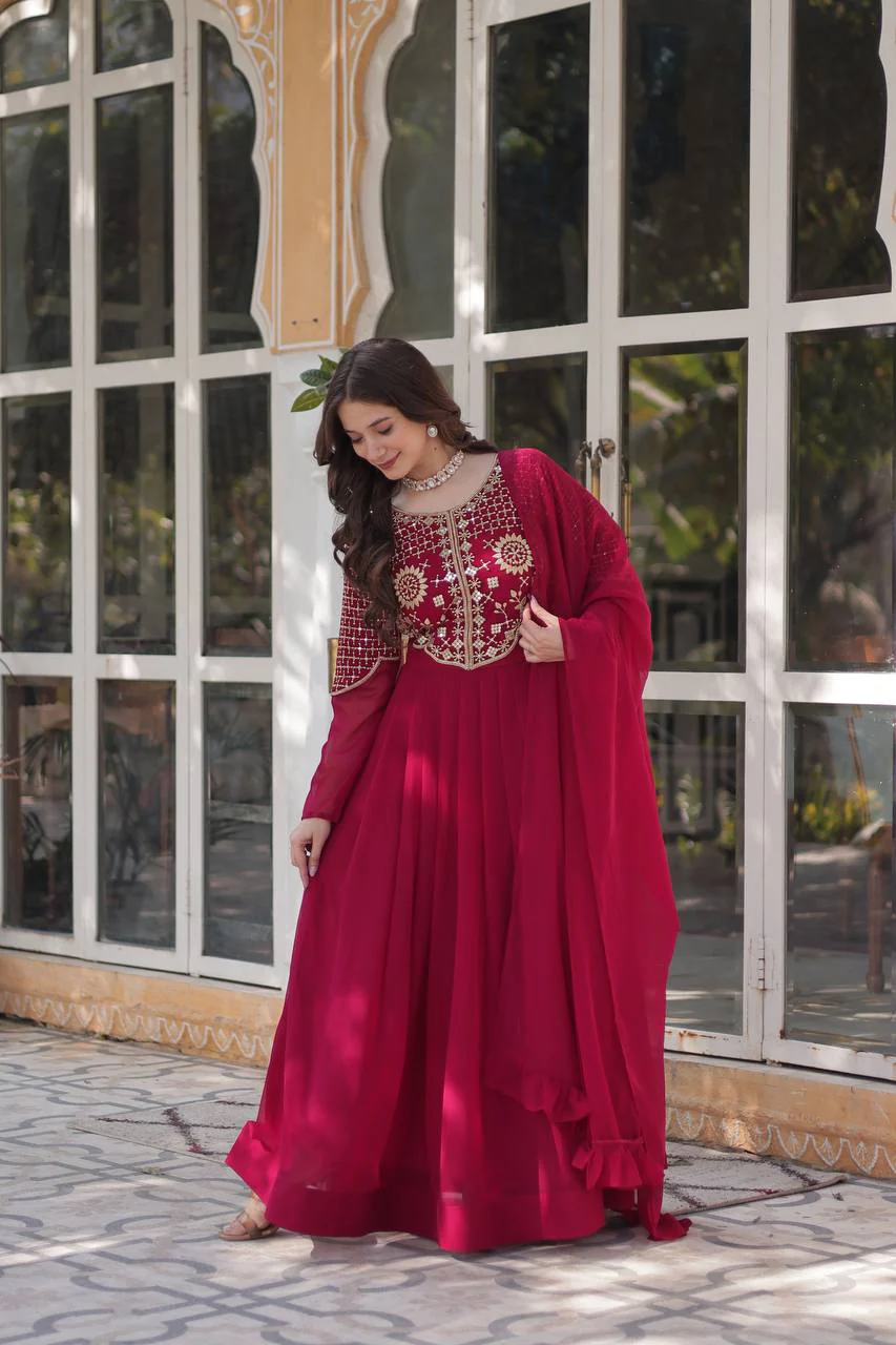 Fancy Faux Blooming Georgette with Attractive Embroidery Zari Sequins work Gown Set - Image 7