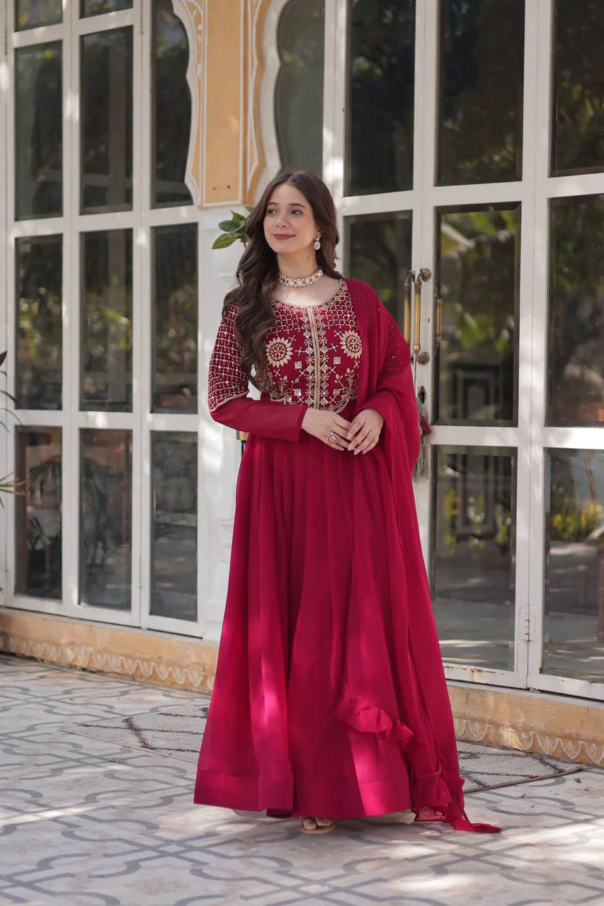Fancy Faux Blooming Georgette with Attractive Embroidery Zari Sequins work Gown Set - Image 8