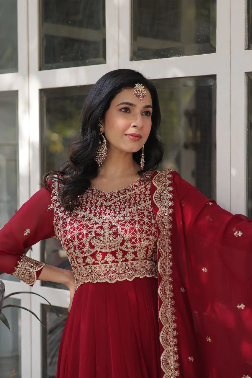Fancy Faux Blooming with Embroidery Zari Sequins Work Gown - Image 4