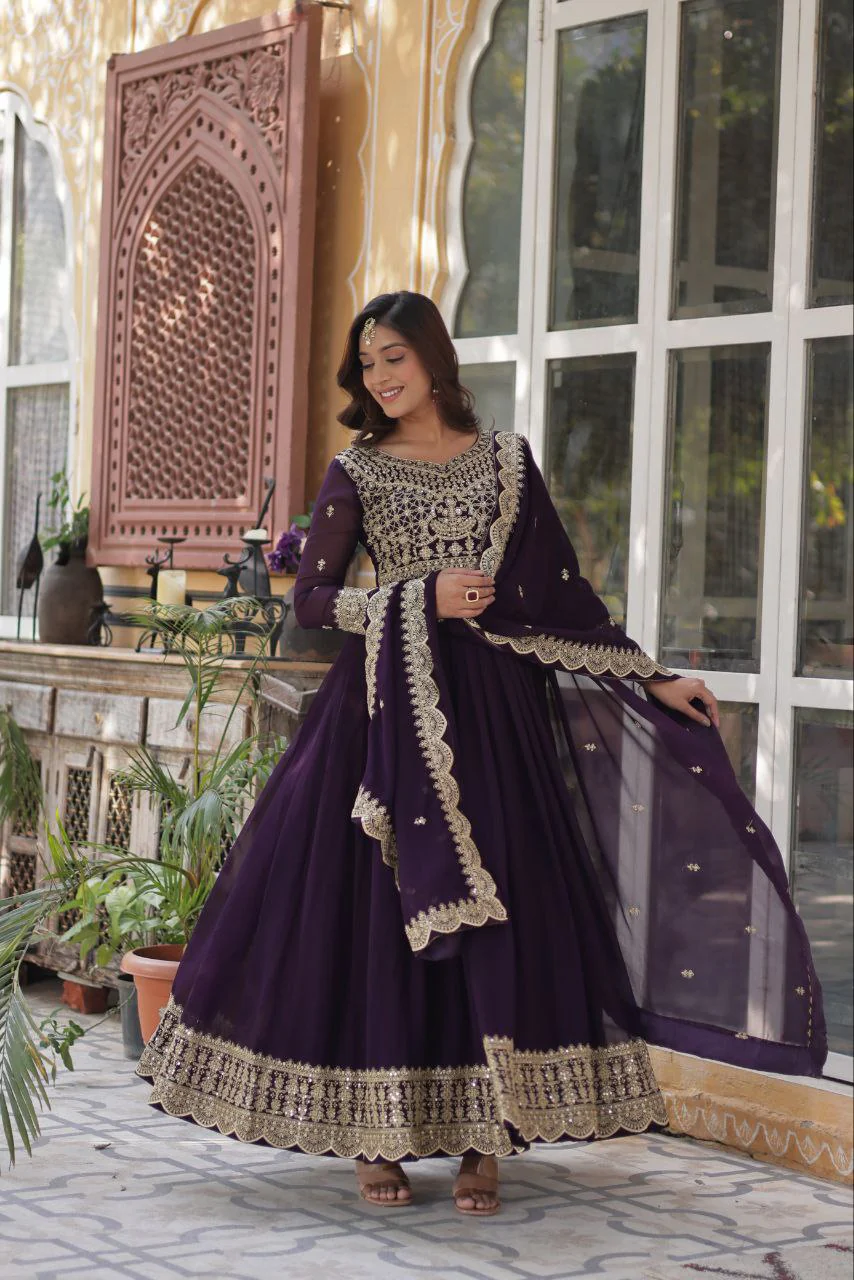 Fancy Faux Blooming with Embroidery Zari Sequins Work Gown - Image 9
