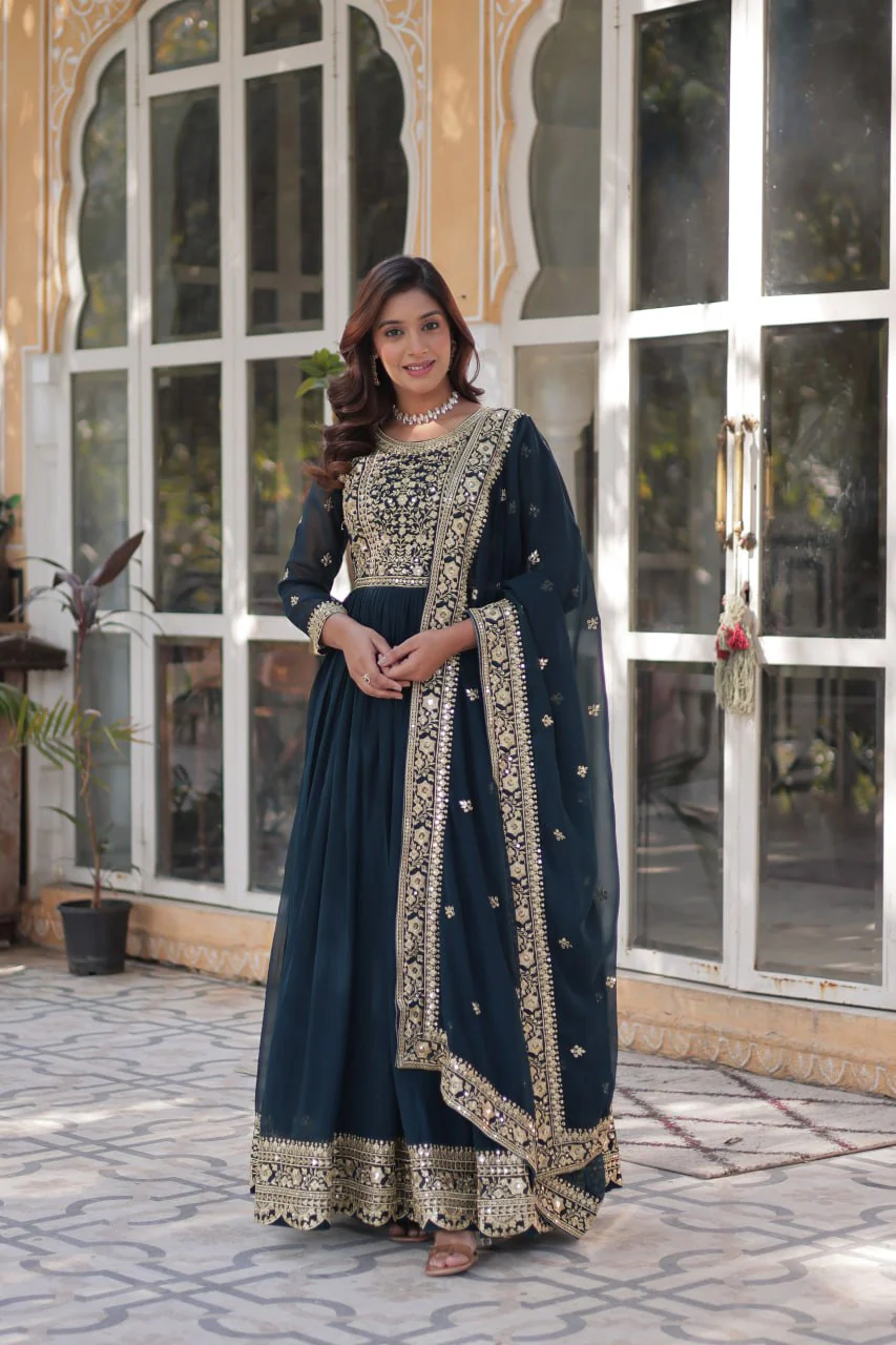Fancy Faux Blooming with Embroidery Zari Sequins work Gown Set - Image 10