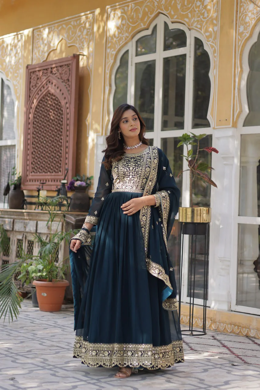 Fancy Faux Blooming with Embroidery Zari Sequins work Gown Set - Image 11
