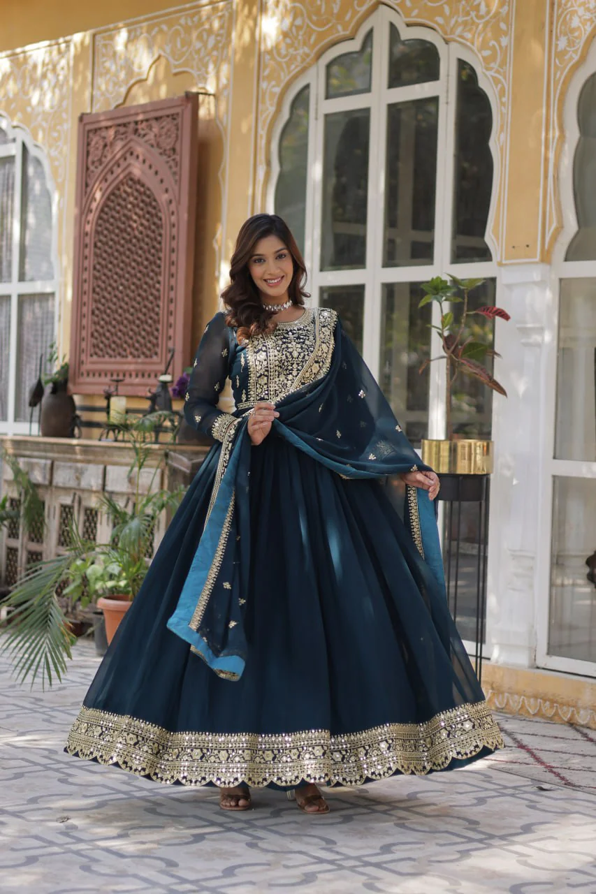 Fancy Faux Blooming with Embroidery Zari Sequins work Gown Set - Image 12