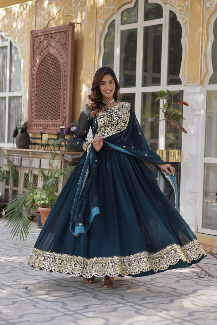 Fancy Faux Blooming with Embroidery Zari Sequins work Gown Set - Image 13