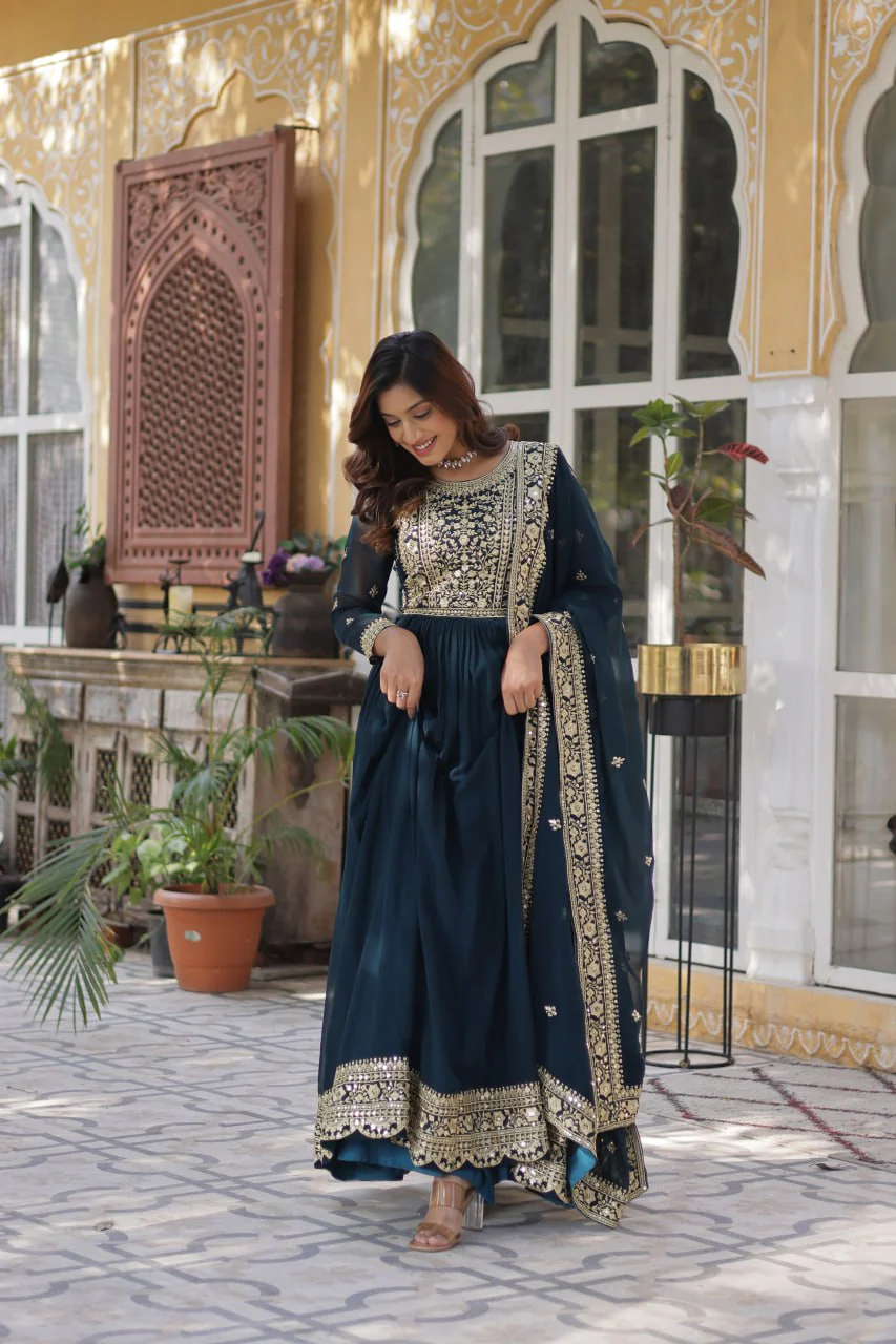 Fancy Faux Blooming with Embroidery Zari Sequins work Gown Set - Image 14