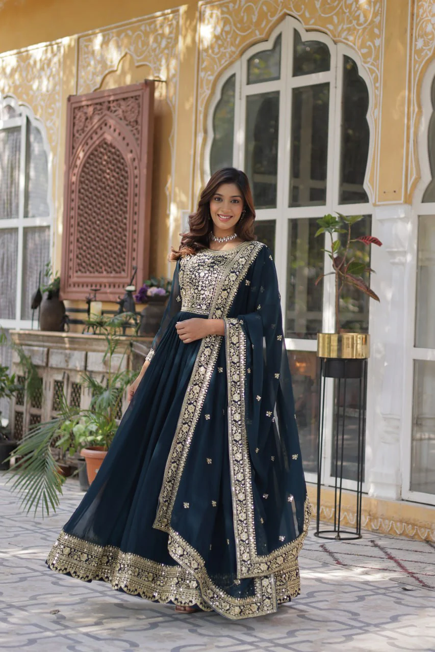 Fancy Faux Blooming with Embroidery Zari Sequins work Gown Set - Image 15