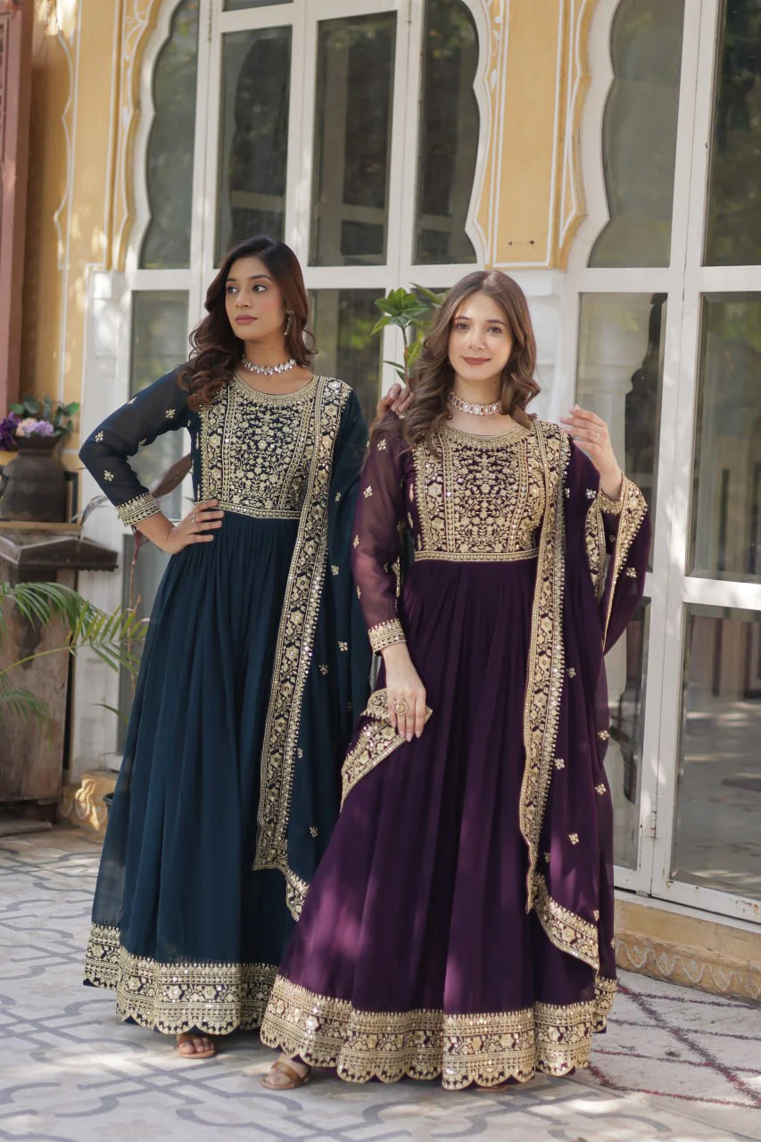 Fancy Faux Blooming with Embroidery Zari Sequins work Gown Set - Image 16