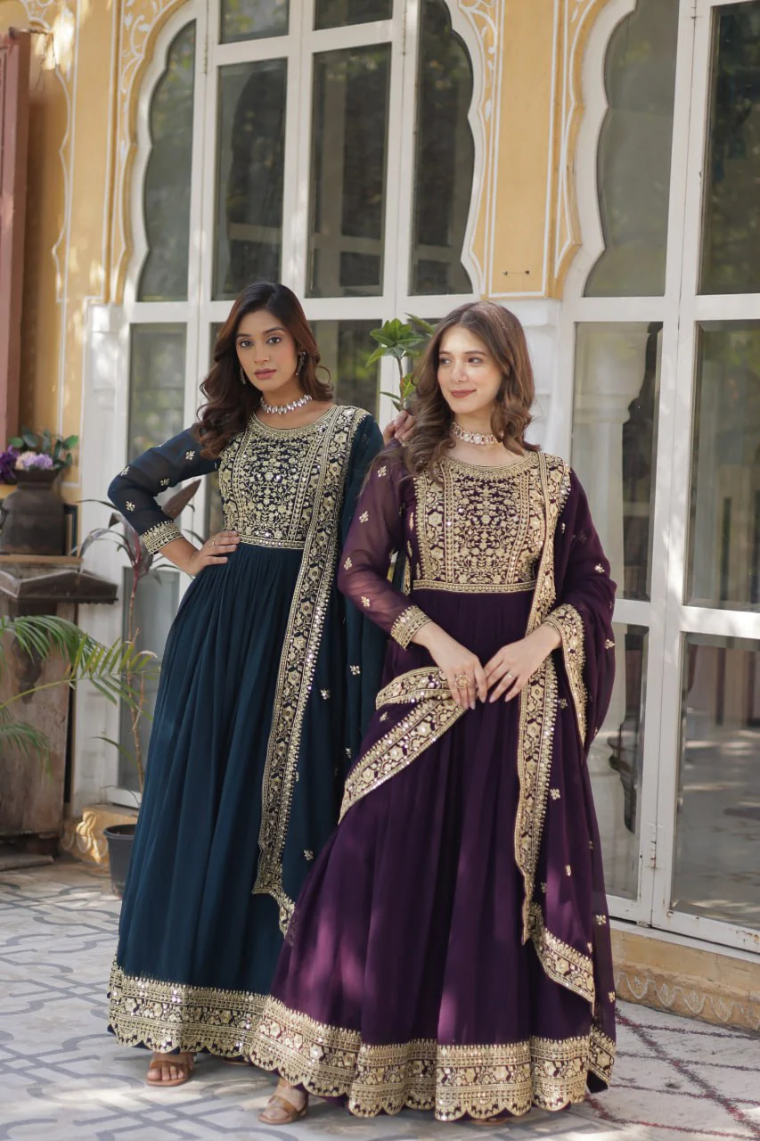 Fancy Faux Blooming with Embroidery Zari Sequins work Gown Set - Image 17