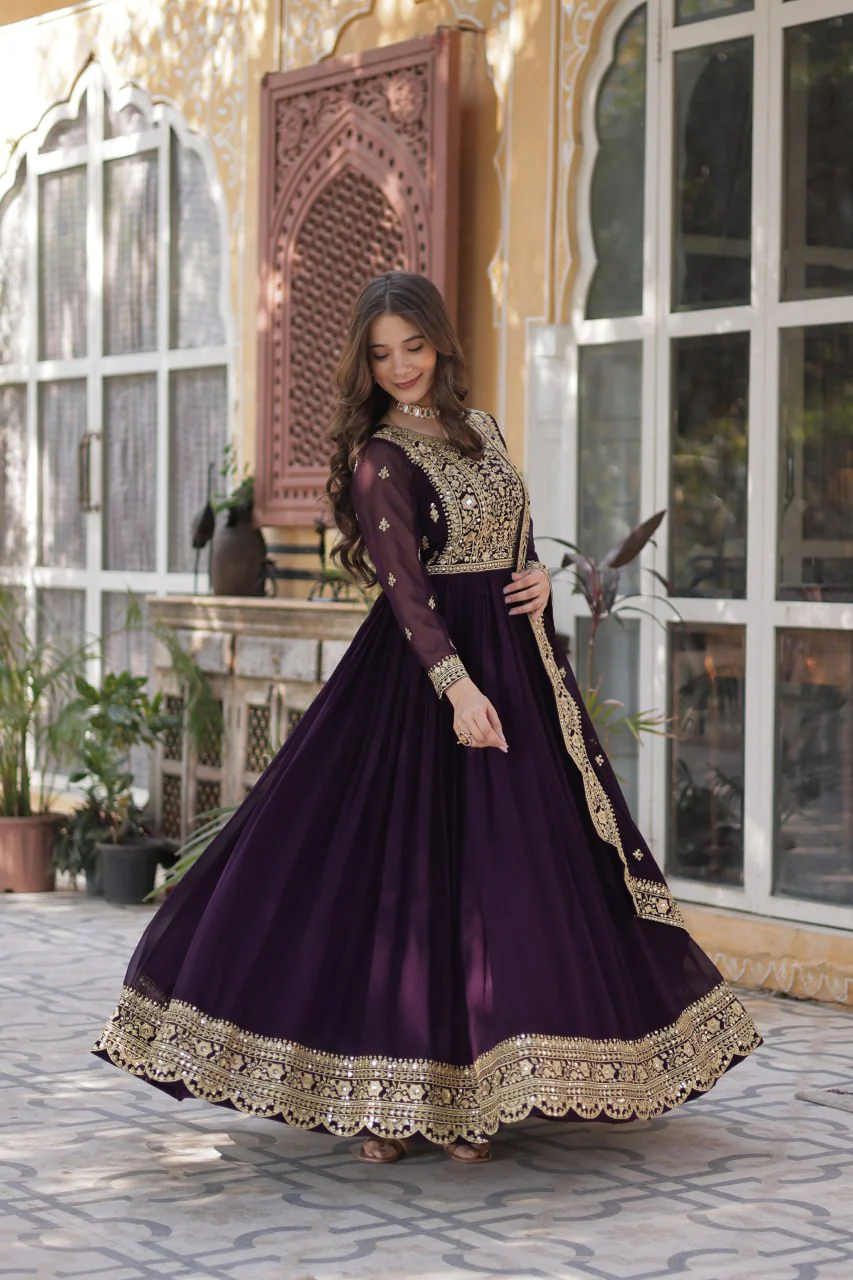 Fancy Faux Blooming with Embroidery Zari Sequins work Gown Set - Image 5
