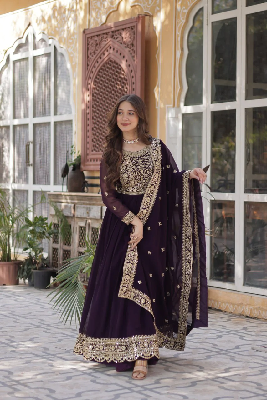 Fancy Faux Blooming with Embroidery Zari Sequins work Gown Set - Image 7