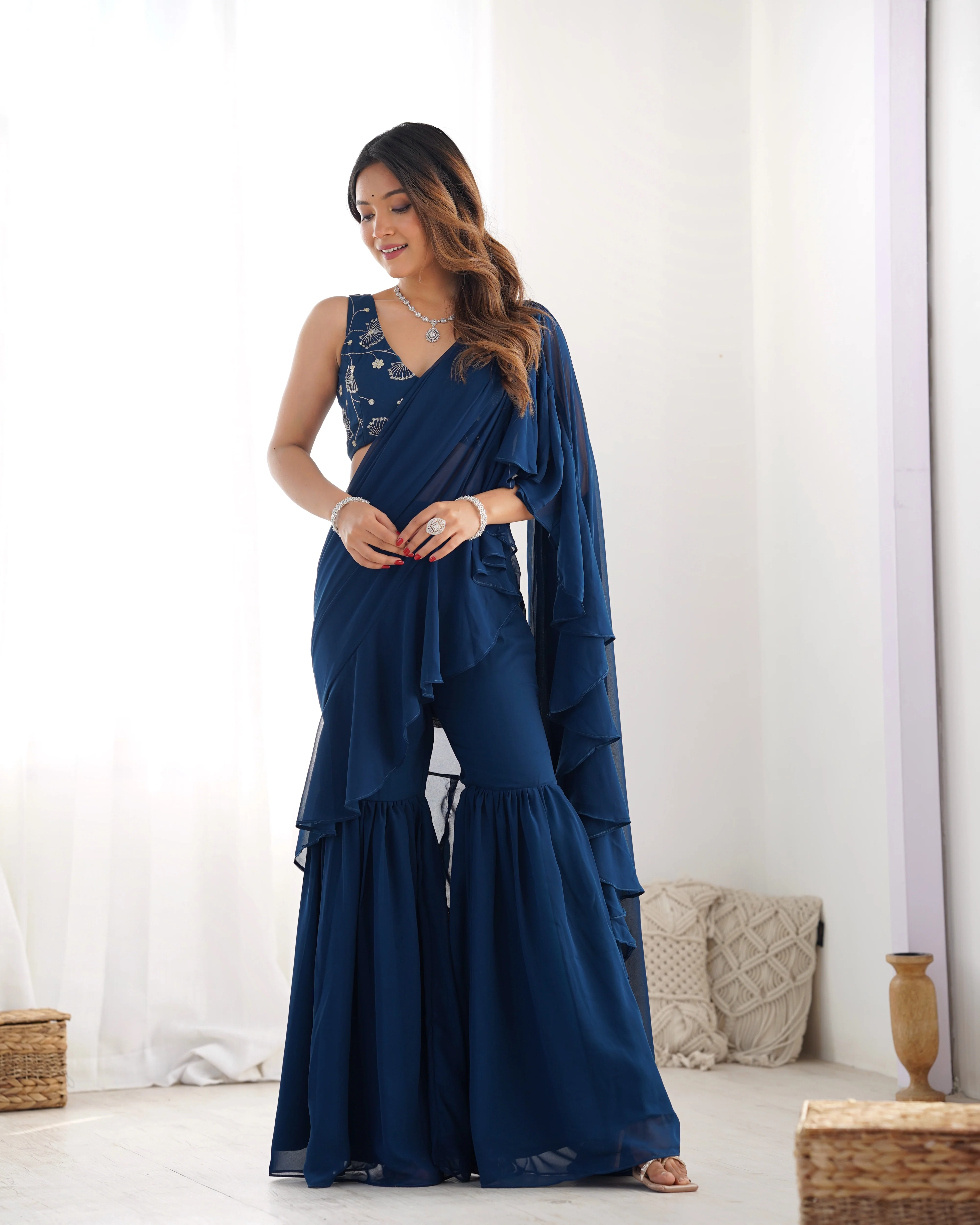 Fancy Pure Faux Georgette Sharara Style Saree - Image 10