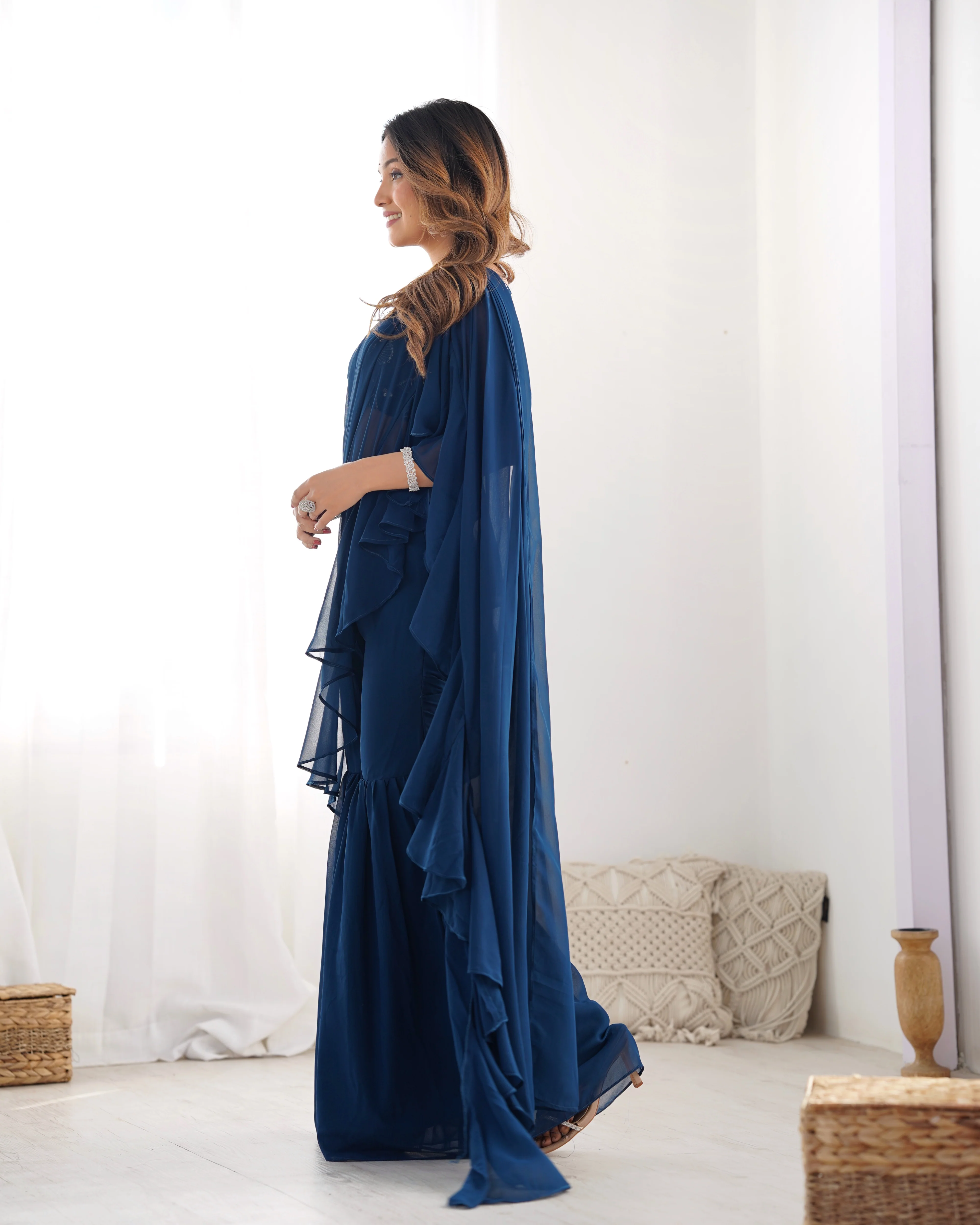 Fancy Pure Faux Georgette Sharara Style Saree - Image 5