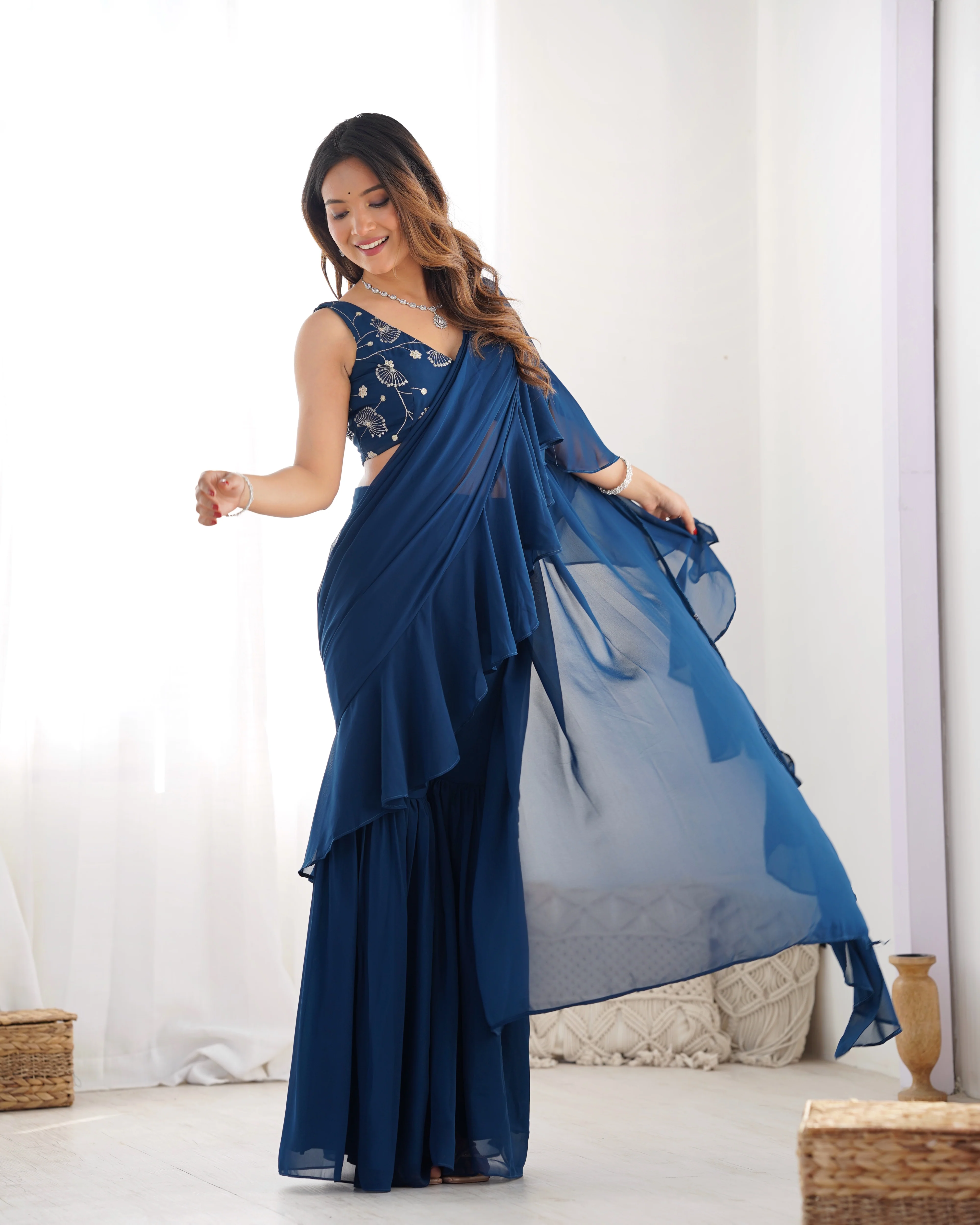 Fancy Pure Faux Georgette Sharara Style Saree - Image 9