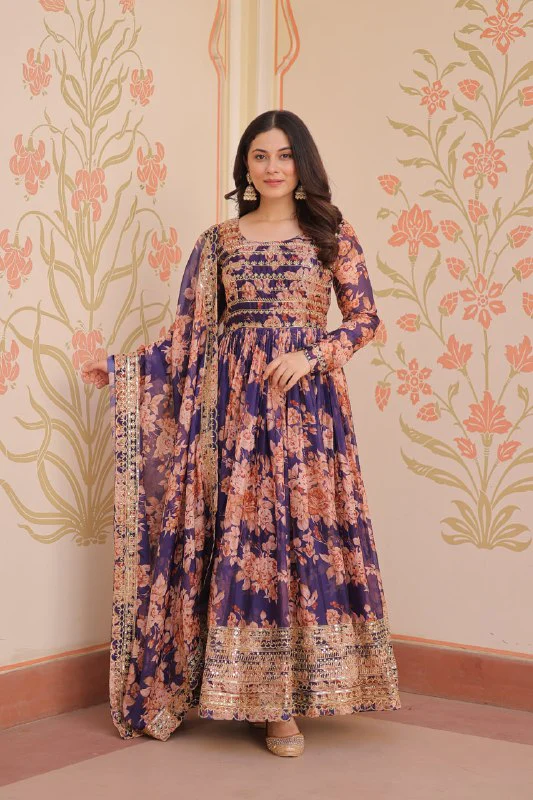 Fancy Russian Silk Rich Digital Print With Embroidered Sequins Work Gown
