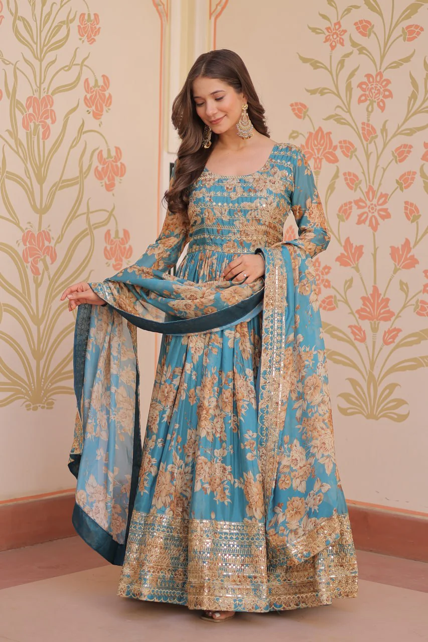 Fancy Russian Silk Rich Digital Print With Embroidered Sequins Work Gown - Image 10