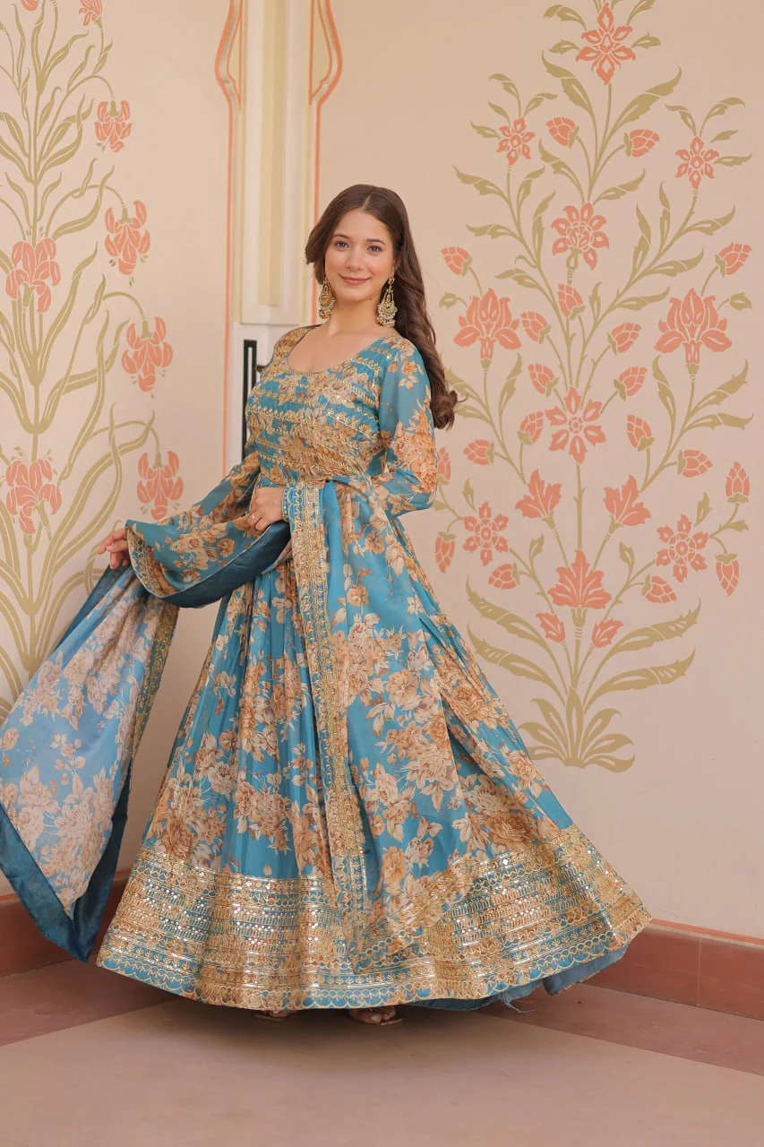 Fancy Russian Silk Rich Digital Print With Embroidered Sequins Work Gown - Image 11