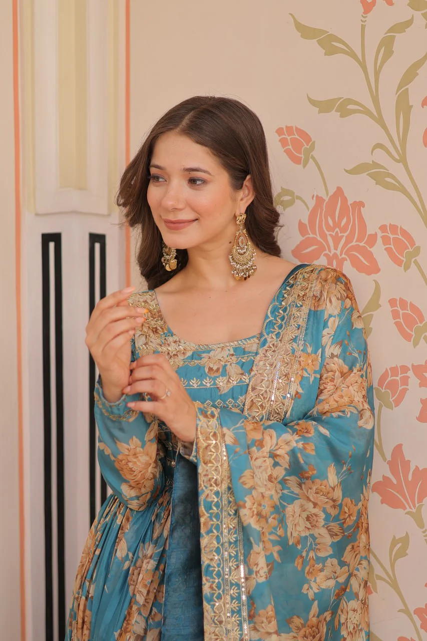 Fancy Russian Silk Rich Digital Print With Embroidered Sequins Work Gown - Image 12