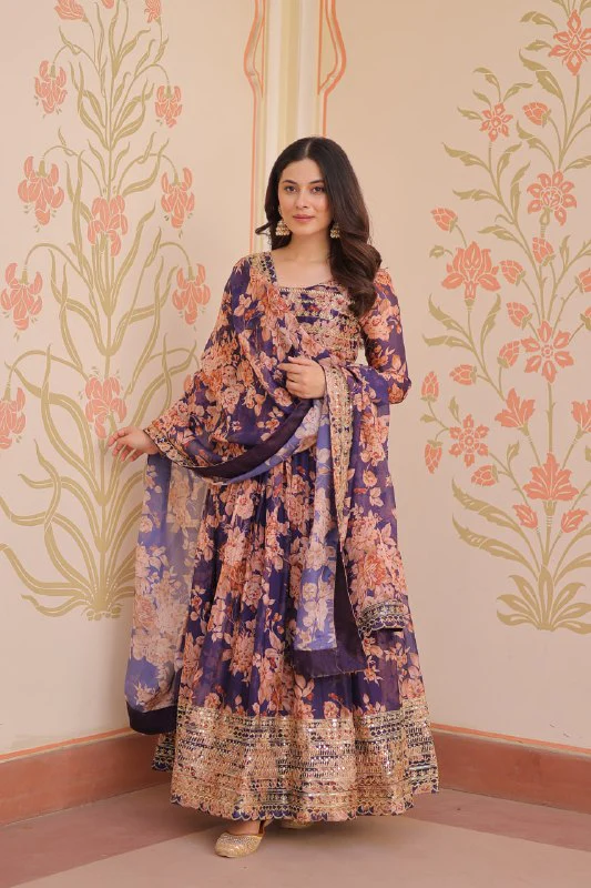 Fancy Russian Silk Rich Digital Print With Embroidered Sequins Work Gown - Image 2