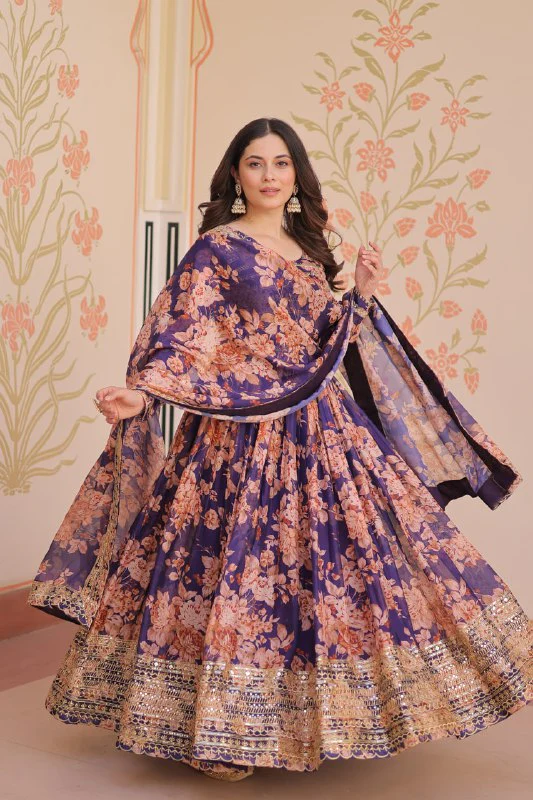 Fancy Russian Silk Rich Digital Print With Embroidered Sequins Work Gown - Image 3
