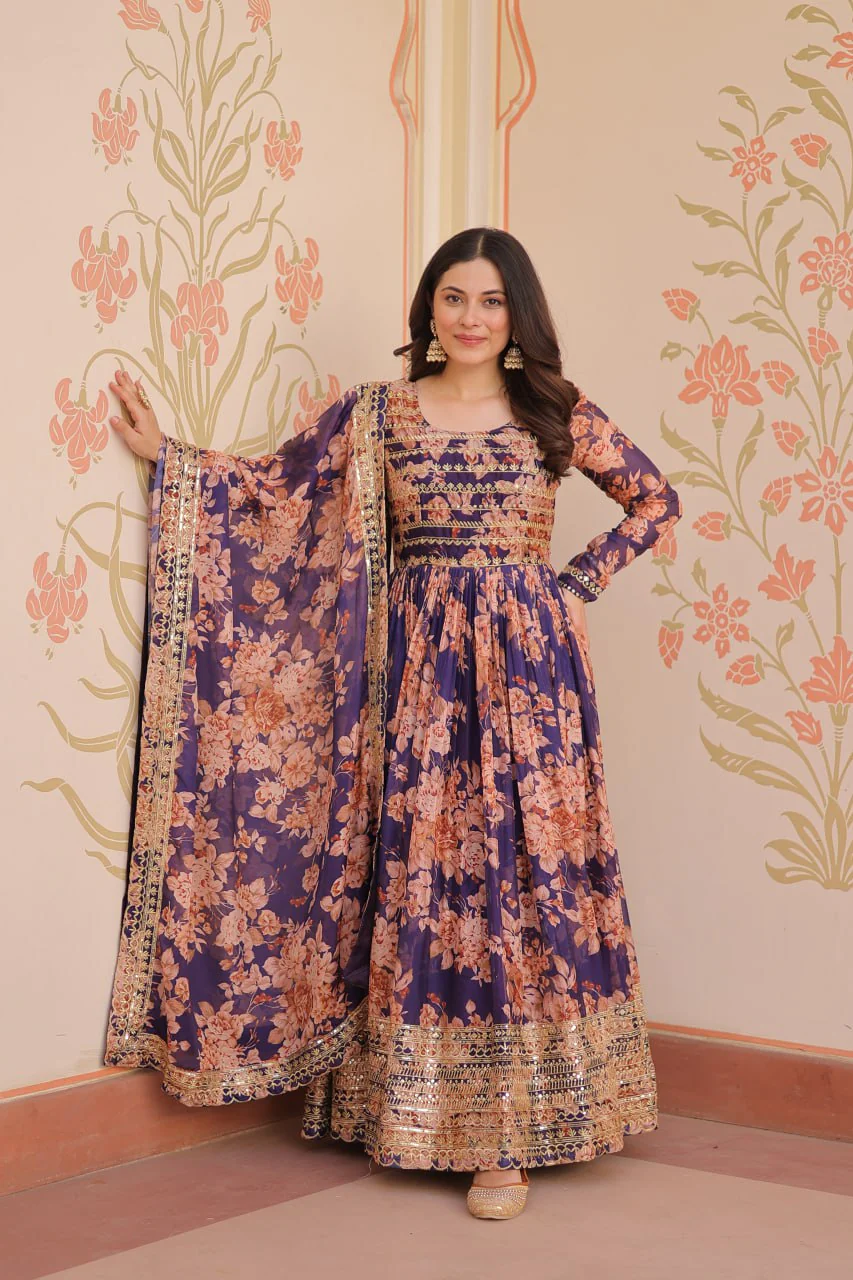 Fancy Russian Silk Rich Digital Print With Embroidered Sequins Work Gown - Image 4