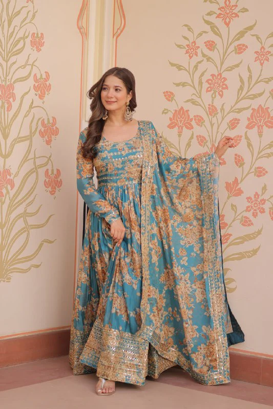 Fancy Russian Silk Rich Digital Print With Embroidered Sequins Work Gown - Image 8