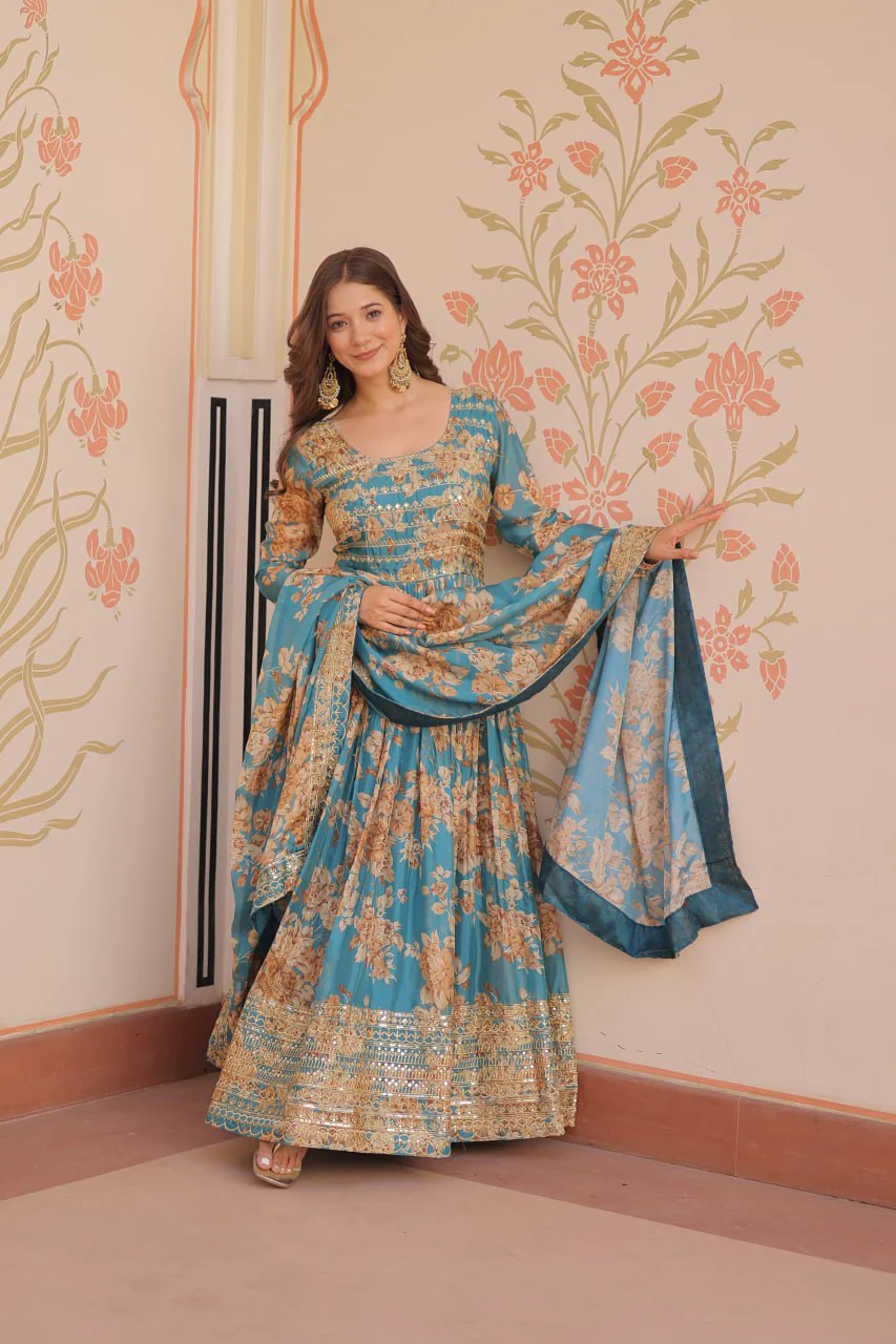 Fancy Russian Silk Rich Digital Print With Embroidered Sequins Work Gown - Image 9